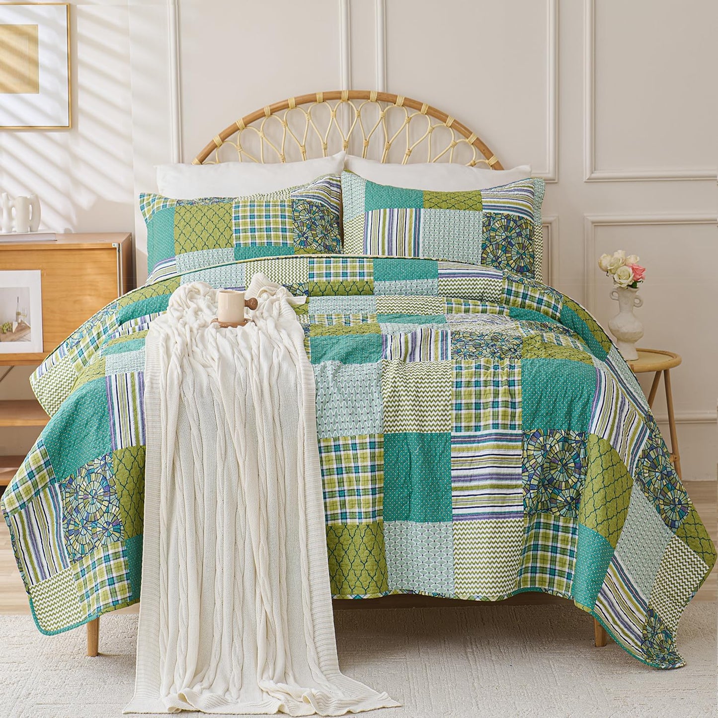 Cmfshape Quilt Sets Bedspread Set 100% Cotton Green Plaid Patchwork Bedding Set, All Season Use Lightweight Reversible Coverlet Quilts with 2 Pillow Shams(Queen 90"x96")