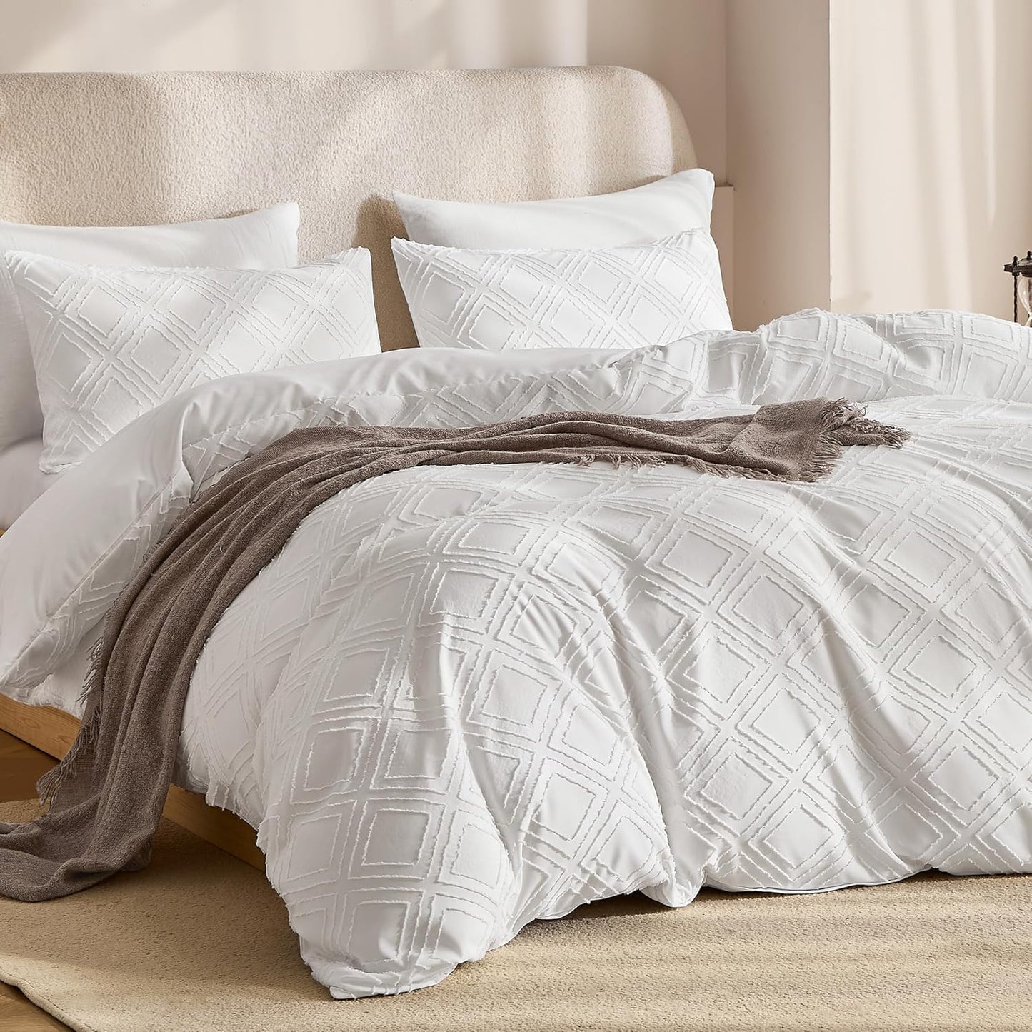 JELLYMONI Duvet Cover Full Size Bright White - 3PCS Boho Duvet Cover Set Plaid Polyester Tufted Bohemian Jacquard Knit Textured Comforter Cover 80×90in Rhombic Geometric Pattern Corner Ties & Zipper