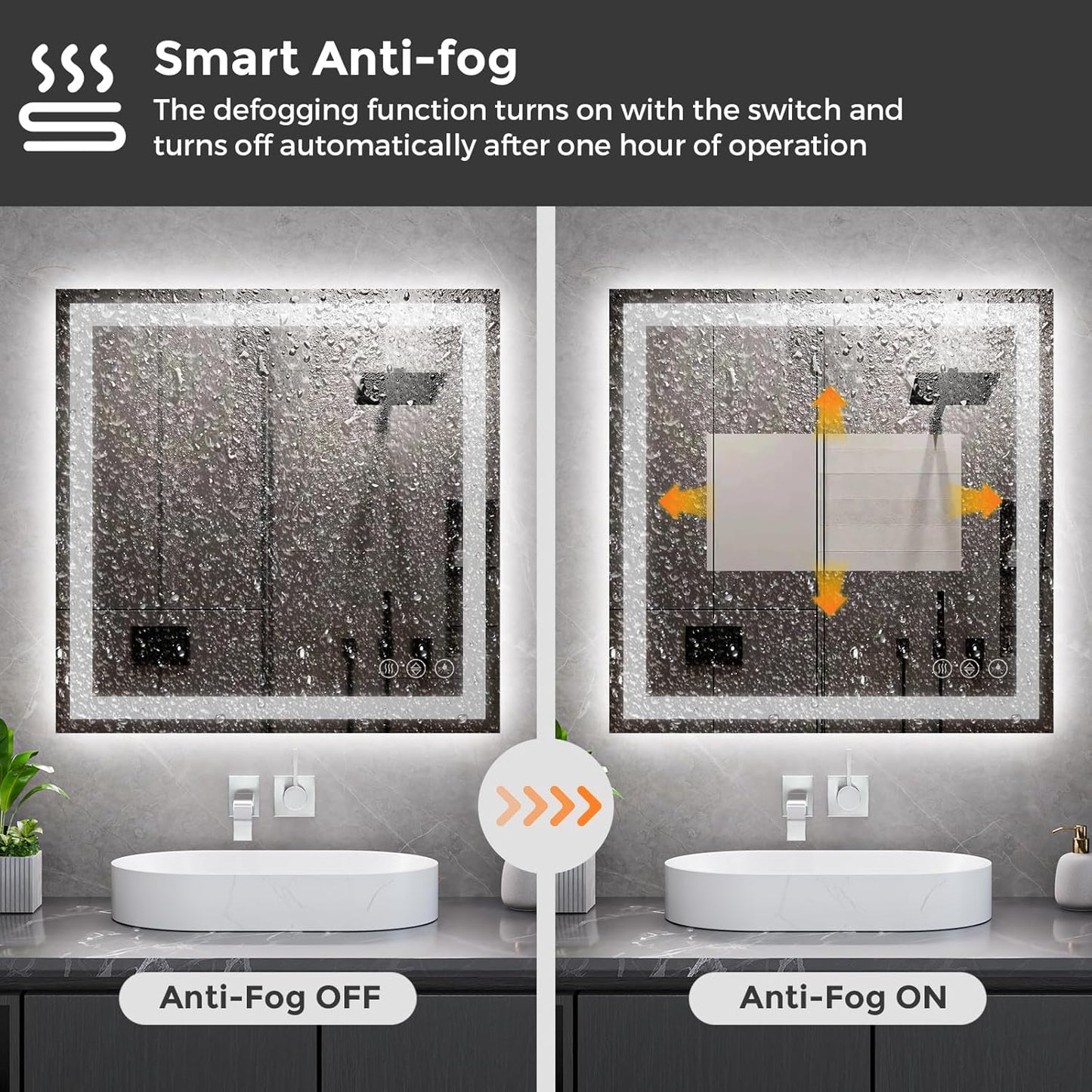 Koonmi 36x36 LED Bathroom Mirror, Backlit + Front Lit, LED Bathroom Mirror with Lights for Wall, 3 Colors, Anti-Fog, Dimmable Brightness, Memory Function, Tempered Glass