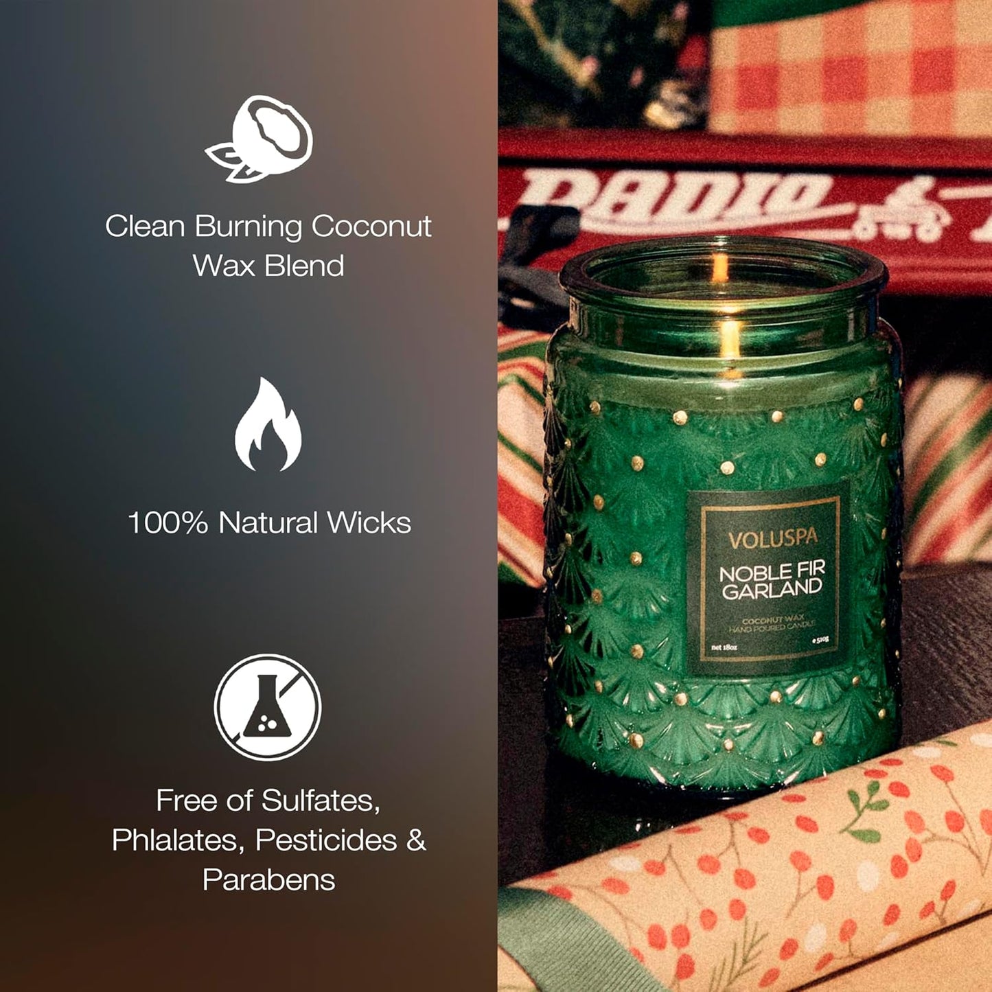 Voluspa Noble Fir Garland, Large Candle Jar, 18oz, Coconut Wax Blend, Christmas Scented Candles for Home, 100 Hour Burn Time, Poured in the USA