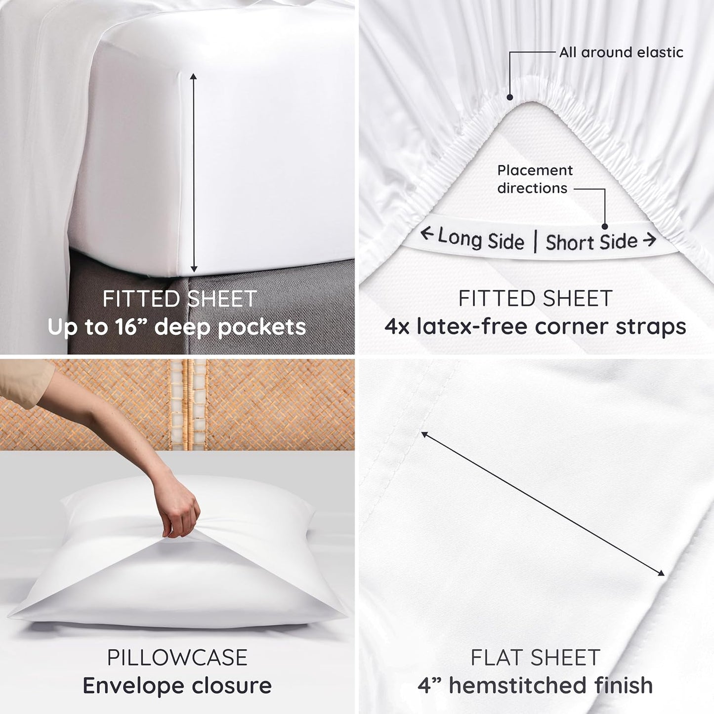 Bambaw 100% Viscose Derived from Bamboo Sheets Queen Size– 6pcs Queen Sheet Set Cooling Sheets, Breathable Bed Sheets, Fits Up to 16'' with Elastic Corner Straps, Super Soft Sheets Queen Size (White)