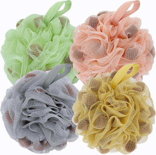 Bath Loofah Shower Sponge Body Back Scrubber Soft Mesh Shower Puffs Exfoliating Loofa for Women & Men Bath Accessories Cleaning Tool (4Pcs 60G Shower Puffs, Luxury)