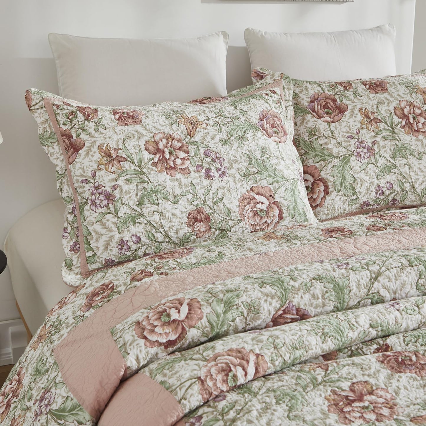 Brandeam Queen Size Quilt Set Cotton Pink Floral Quilts Country Rustic Patchwork Quilts Lightweight Summer Bedspread 3-Piece