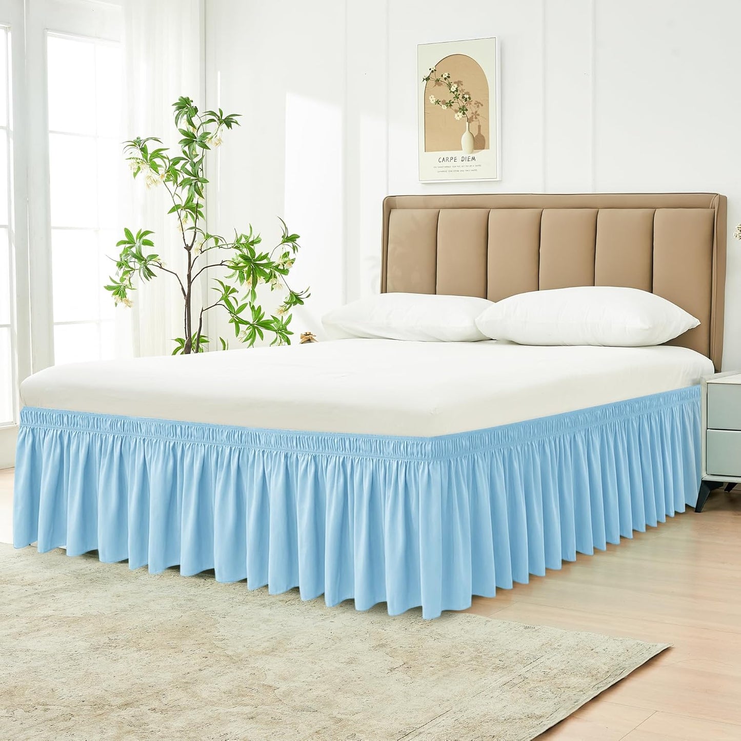 Biscaynebay Wrap Around Bed Skirts for Full & Full XL Beds 15" Drop, Light Blue Adjustable Elastic Dust Ruffles Easy Fit Wrinkle & Fade Resistant Silky Luxurious Fabric Machine Washable