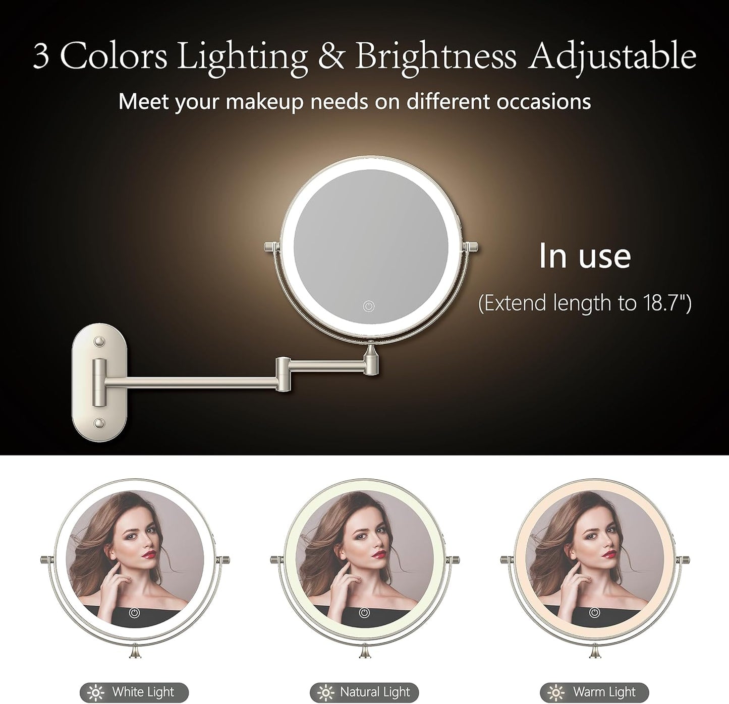Rechargeable Wall Mounted Lighted Makeup Vanity Mirror 8 Inch Double Sided 1X 10X Magnifying Bathroom Mirror, 3 Color Lighting, Touch Screen Dimming, 360 Rotation Shaving Mirror