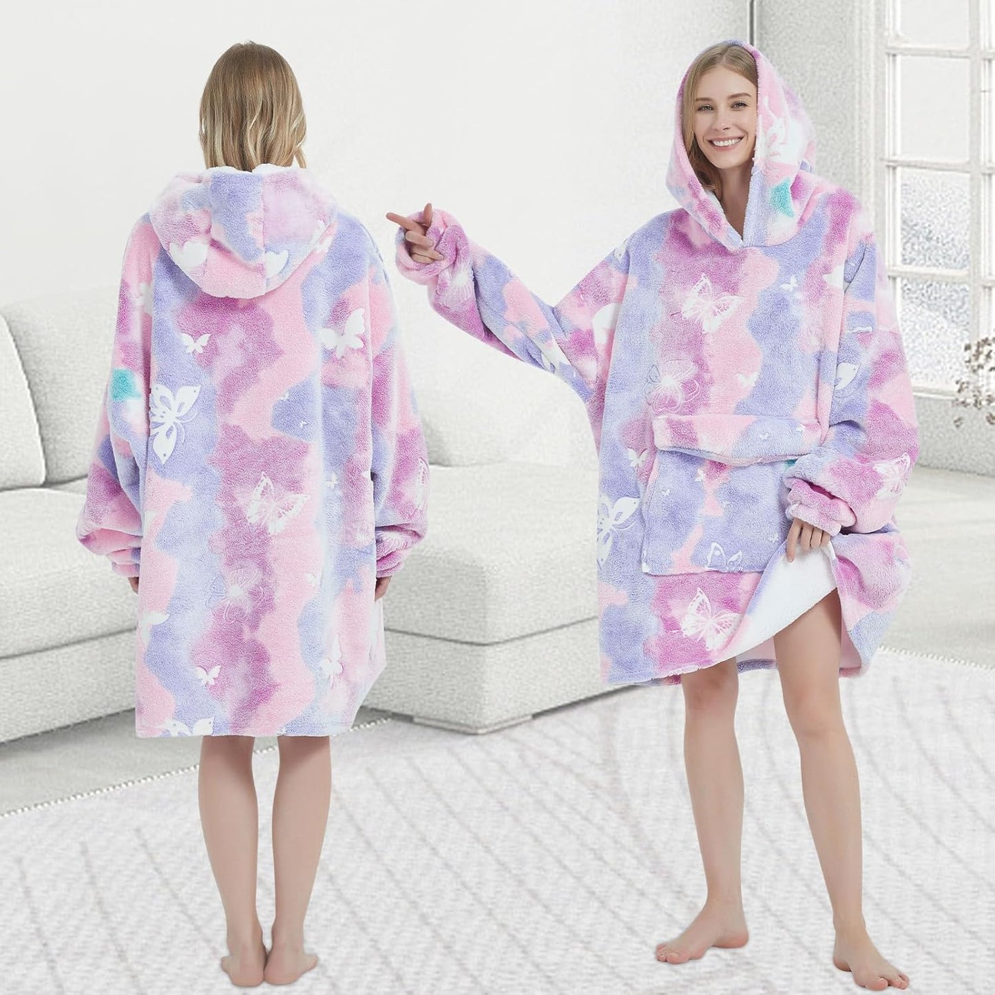 Glow in The Dark Butterfly Wearable Blanket Hoodie for Adult,Oversized Sherpa Fleece Blanket Hoodie for Women,Butterfly