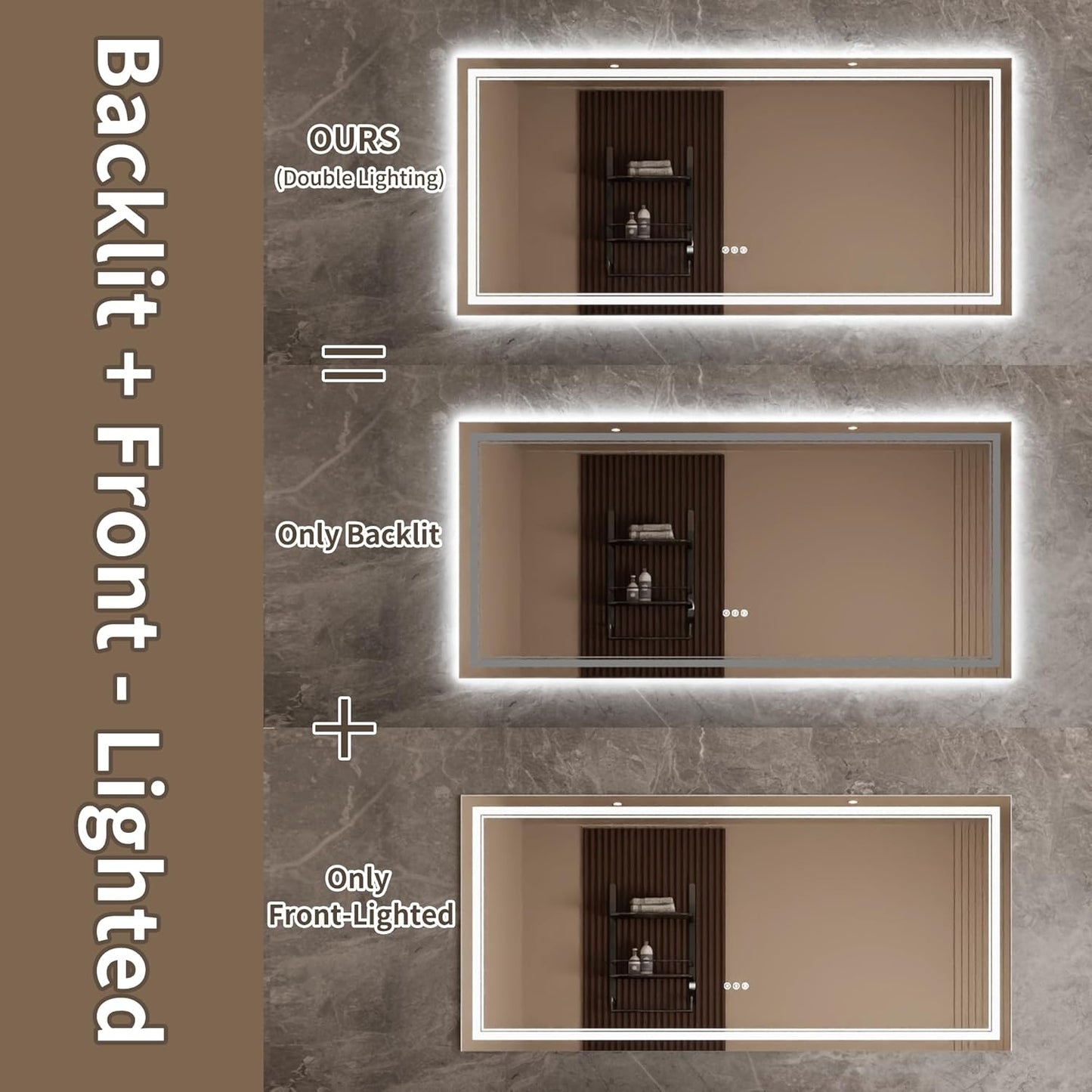Bathroom Mirror with Lights 28"X60" with Front Light and Backlit, Tempered Glass, Wall Mount Horizontal/Vertical, Stepless Dimmable, 3 Colors, Anti Fog, Bathroom Memory LED Mirror