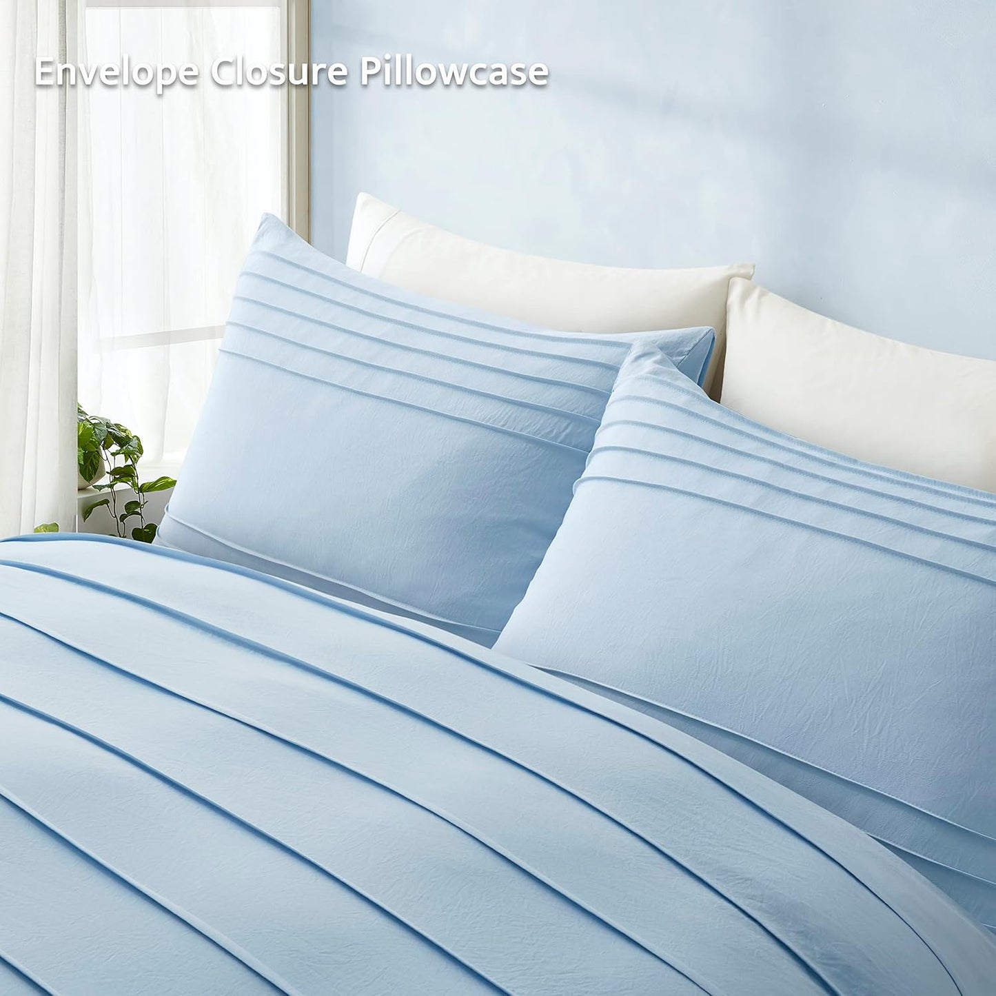 Oli Anderson Airy Blue Duvet Cover Queen Size - Pleated Queen Duvet Cover, 3PCS Soft and Breathable Textured Bedding Set with Zipper Closure(Airy Blue,90"x90")