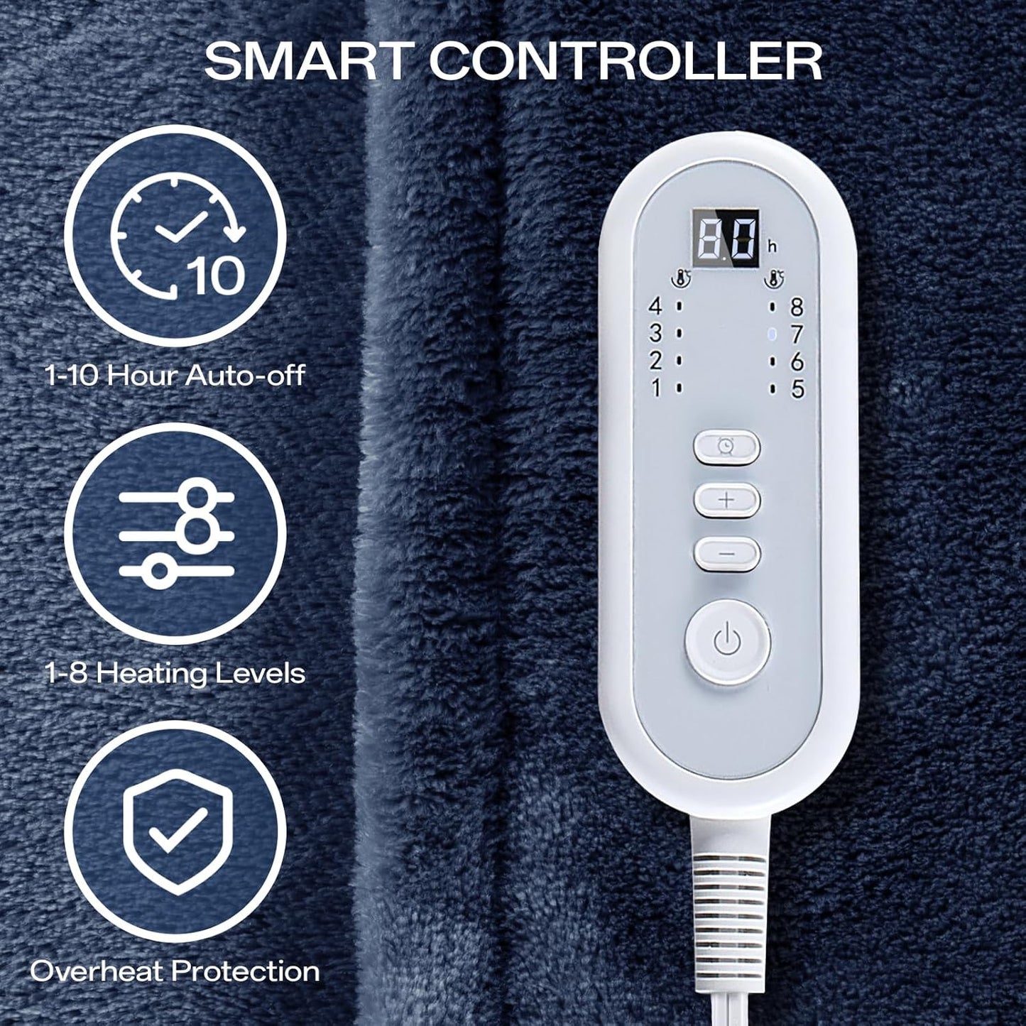 Electric Blanket Full Size 72"x84", Heated Blanket with 8 Heat Settings & 10 Hours Auto-Off, Navy Blue Double-sided Flannel Blanket, Heating Blanket for Bed, Full Body, Machine Washable, ETL Certified