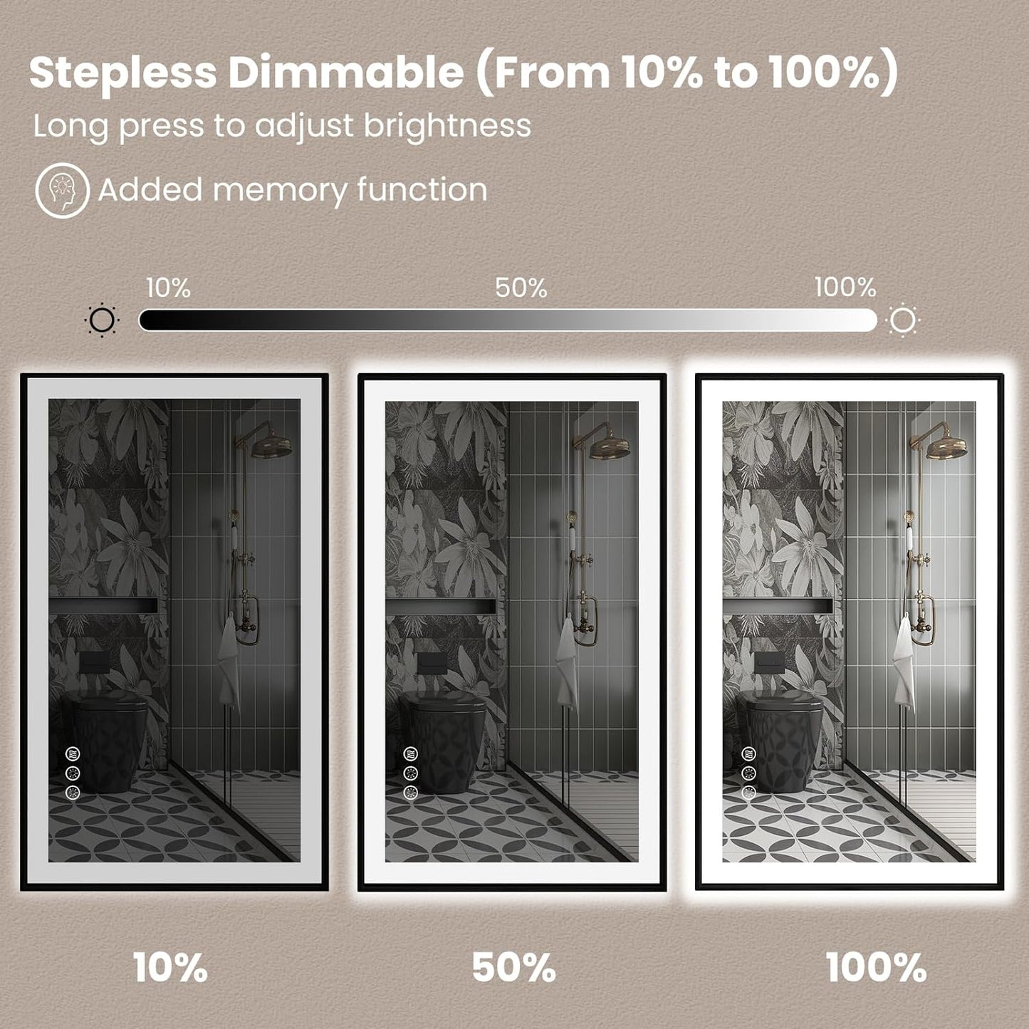 Amorho 40"x 38" LED Bathroom Mirror with Black Frame, Front Light and Backlit(Controlled Separately), Stepless Dimmable, Anti-Fog, Shatter-Proof, 3 Colors, Memory