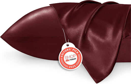 Bedsure King Size Satin Pillowcase Set of 2 - Christmas Pillow Cases for Hair and Skin with Envelope Closure, Similar to Silk Pillow Cases, Gifts for Women Men, Burgundy, 20x36 Inches, 2pcs