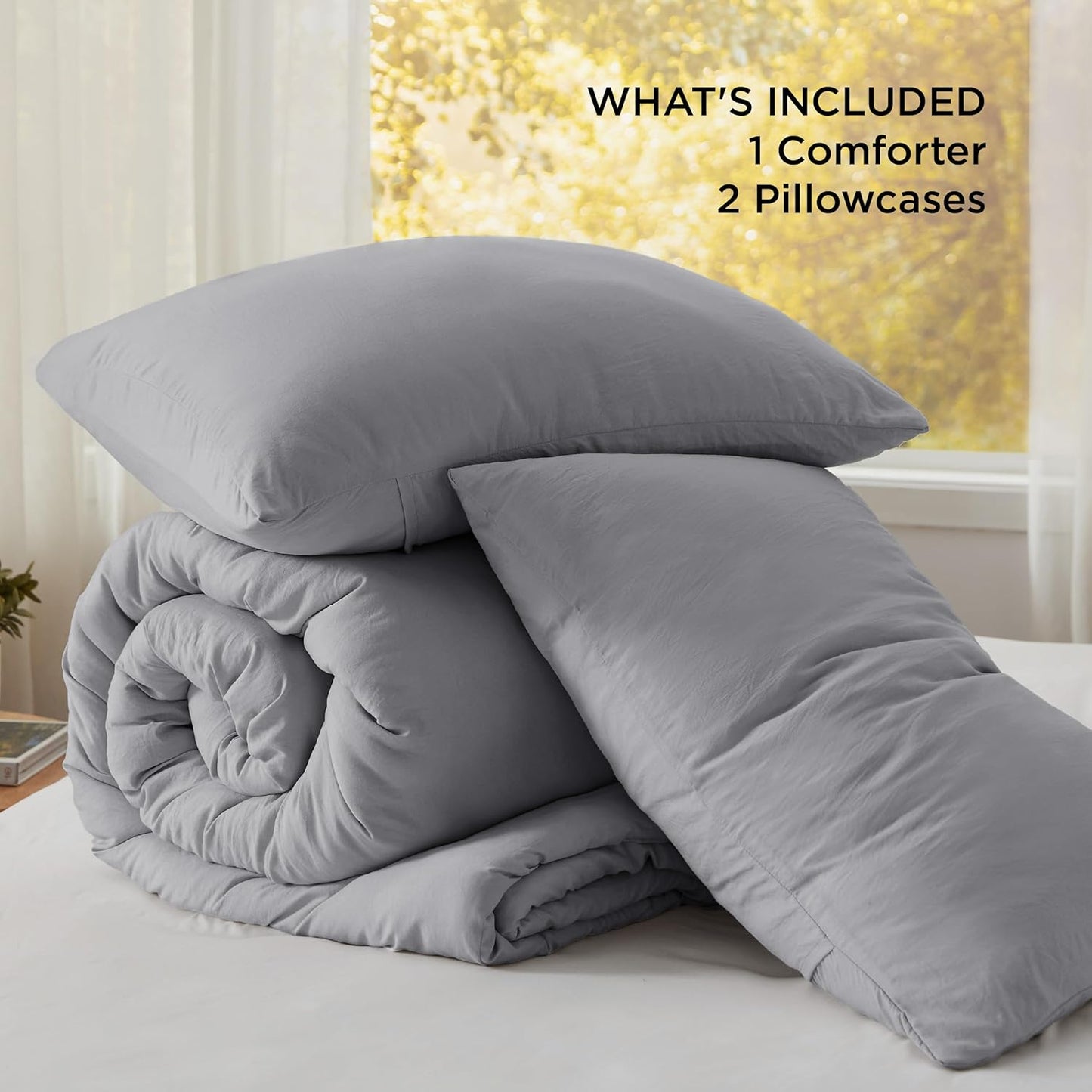 Bedsure Queen Size Comforter Set, Grey Soft Prewashed Bedding for All Seasons, 3 Pieces GentleSoft™️ Warm Down Alternative Bed Set, 1 Lightweight Comforter (90"x90") and 2 Pillowcases (20"x26")