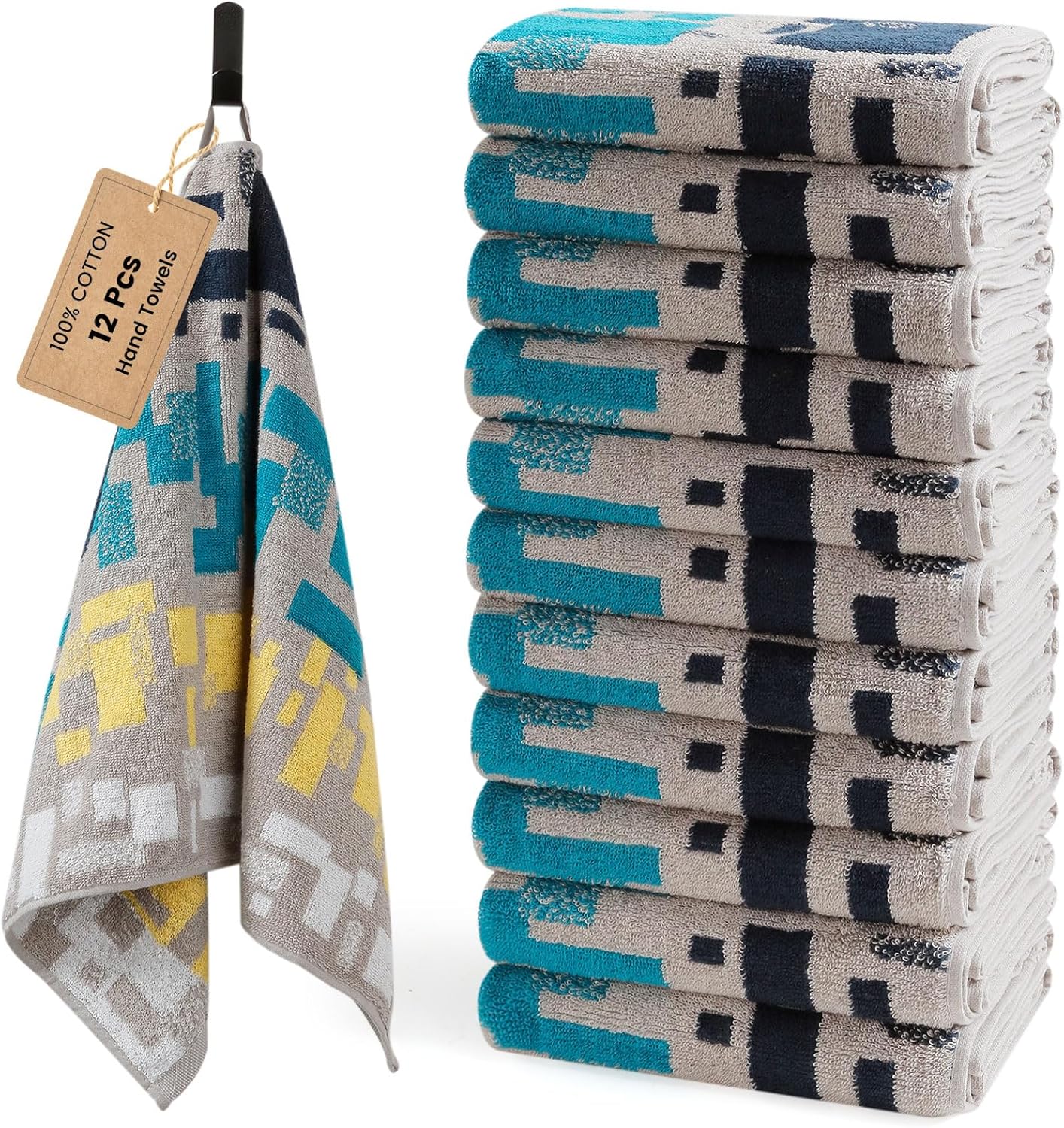 SEMAXE 12 Pack Hand Towels for Bathroom, 100% Cotton Towels with Hanging Loops, Soft & Highly Absorbent, Hand Towel Set for Gym, Shower, Hotel, Spa and Kitchen, Colorful - Checkered