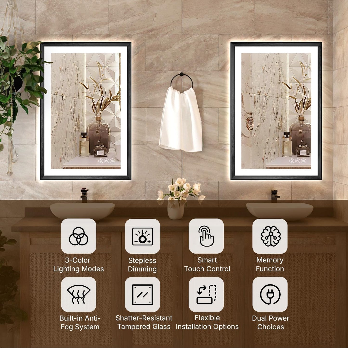 20 x 28 Black Bathroom LED Mirror – Frontlit & Backlit Vanity Mirror with Antifog & Shatter Proof Tempered Glass, Aluminium Frame Bathroom Mirror, Comes with 3 Colour Lights Option