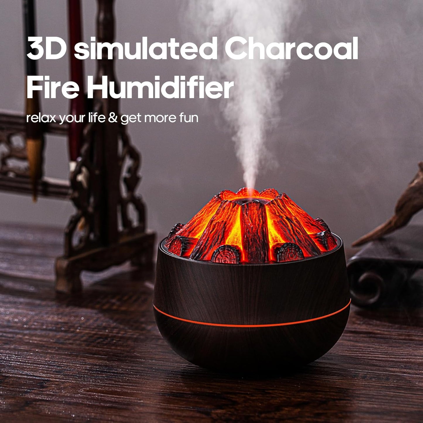 Flame Essential Diffuser Bonfire Humidifier 300ml Ultra-Quiet Auto-Off Aromatherapy Diffuser Campfire Flame Fire Diffuser for Home, Office or Gym- Black