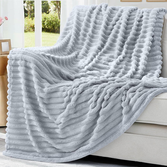 decorUhome Christmas Soft Fleece Light Grey Twin Blanket for Bed, Cozy Fluffy Plush Flannel Striped Throws for Couch Sofa, Lightweight Decorative Ribbed Fuzzy Blanket for Woman, 60x80 Inches