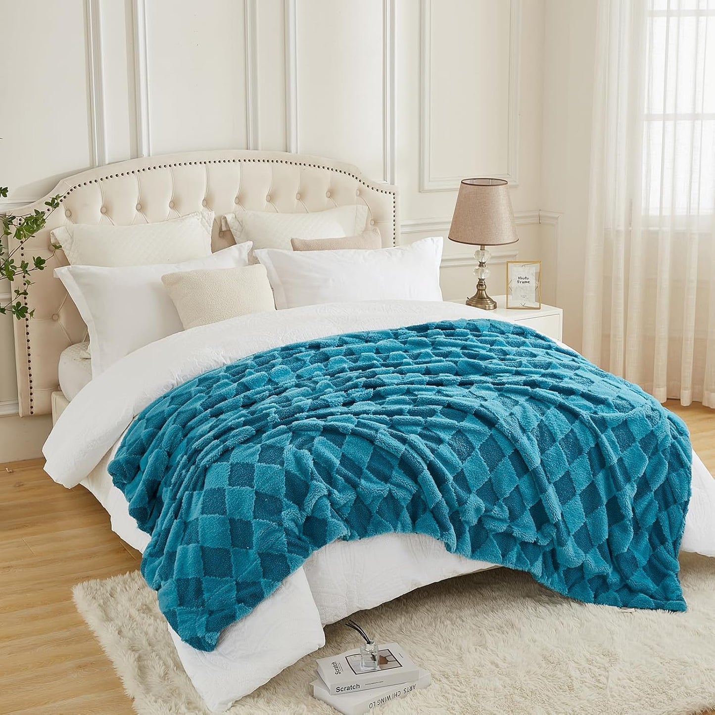 PU MEI Luxury Faux Fur Rabbit Fur Throw Blanket Blue 60"*80",Soft Plush Reversible Sherpa Blankets,Twin Fuzzy Elegant Blanket Thick Throws for Bed,Comfy Bedding Accent Blankets for Sofa Couch Chair