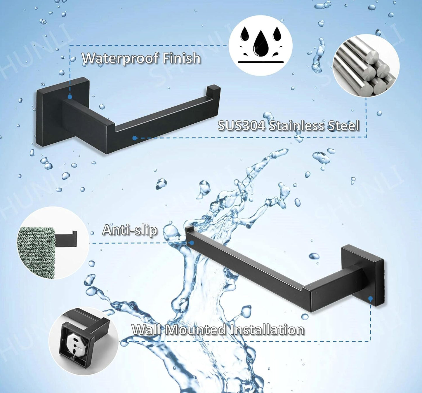 SHUNLI Black Toilet Paper Holder + Hand Towel Holder, 2 Pieces Bathroom Hardware Accessories Set, Towel Ring Towel Bar Wall Mounted, SUS304 Stainless Steel