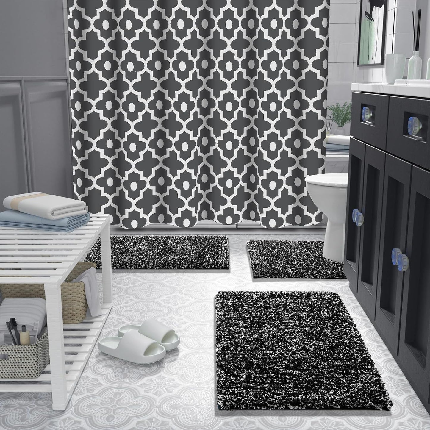 Yimobra Bath Rugs for Bathroom 32x20, Ultra Soft and Water Absorbent Bath Mats, Non Slip Plush Shower Rugs, Microfiber Thick Matts for Bathroom Floor/Tub, Machine Washable, 32"x 20", Black and White