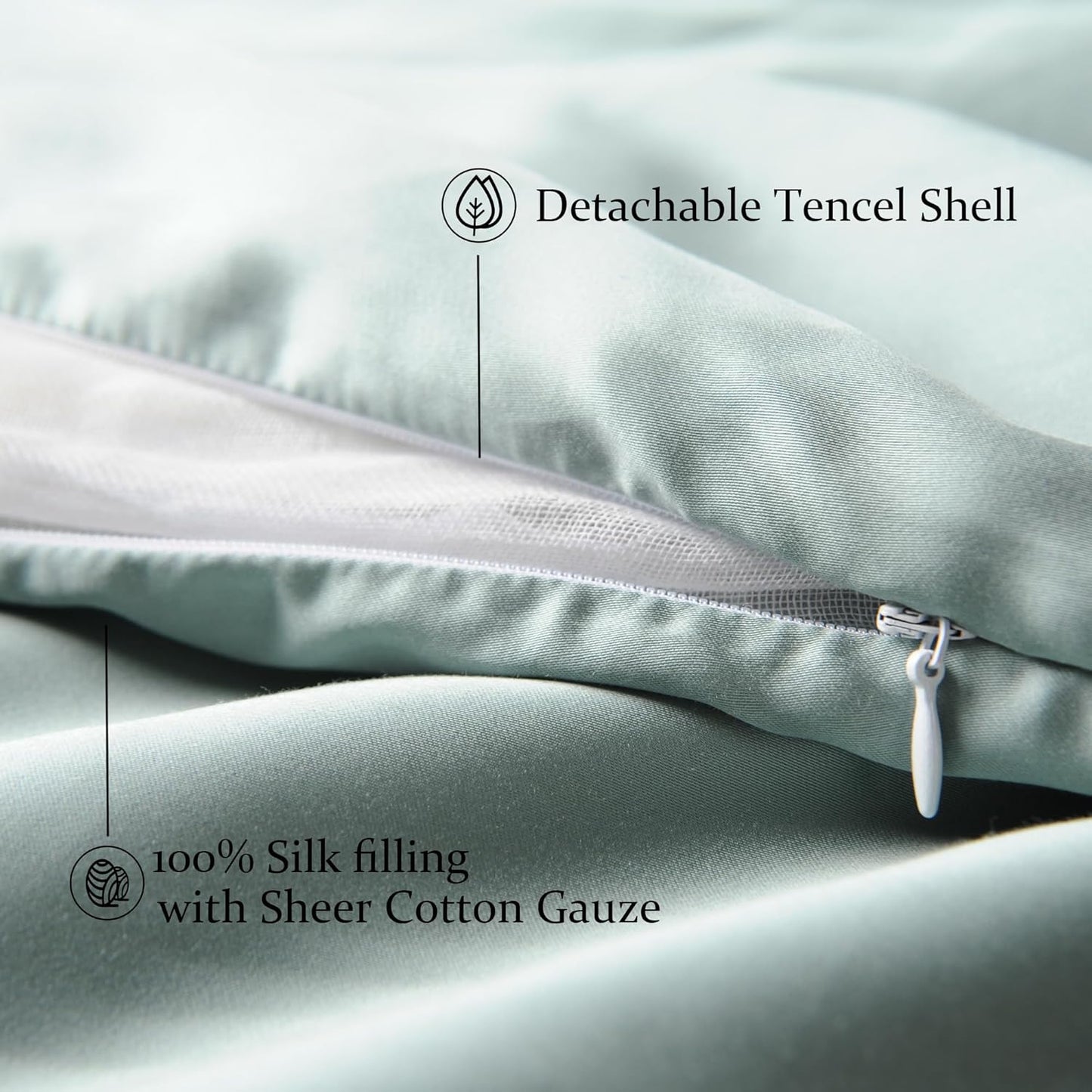 CUDDLE DREAMS Lightweight Silk Filled Comforter for Summer, Detachable Tencel Duvet Cover for Easy Care, Naturally Breathable (Celadon, Queen)
