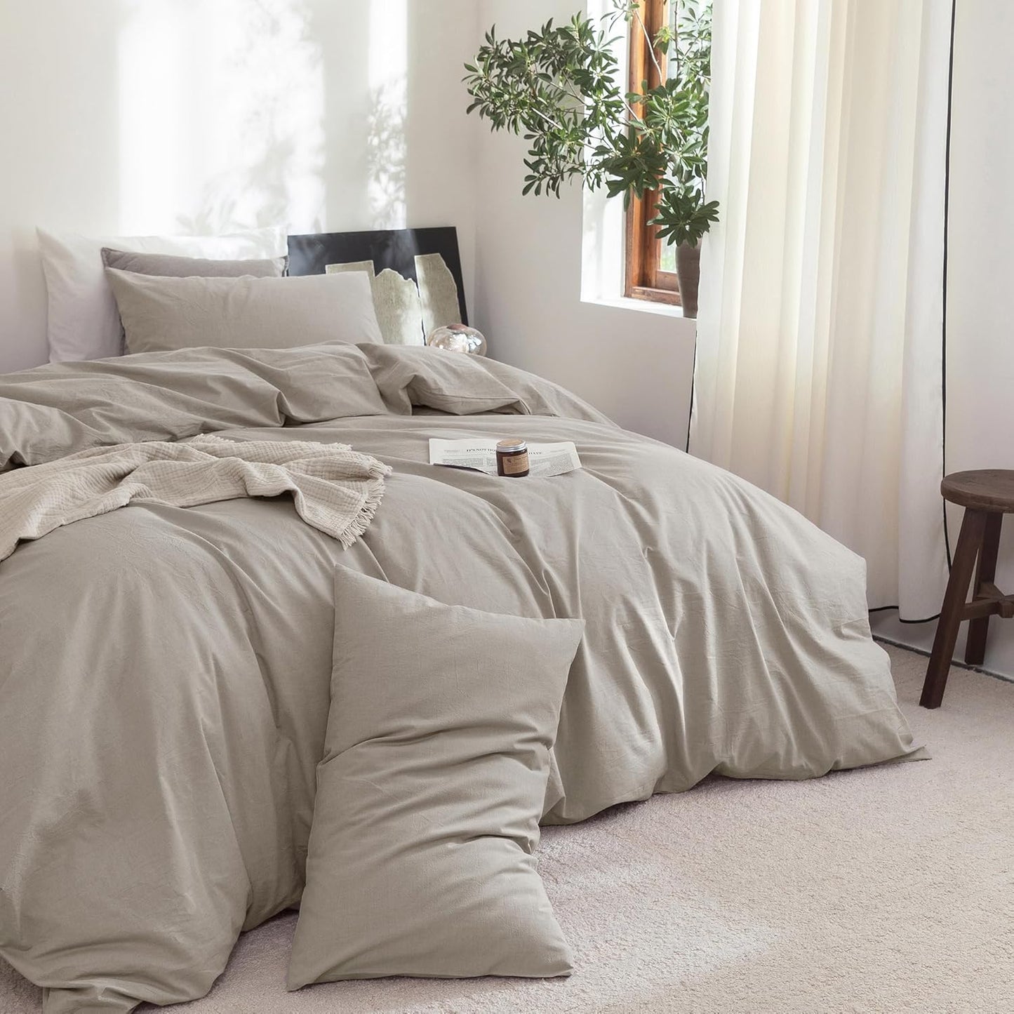 FOSSA Duvet Cover Set 100% Washed Cotton Linen Feel Super Soft Breathable Cozy 3 Pieces Bedding Sets Solid Cream Grey Oversized Queen