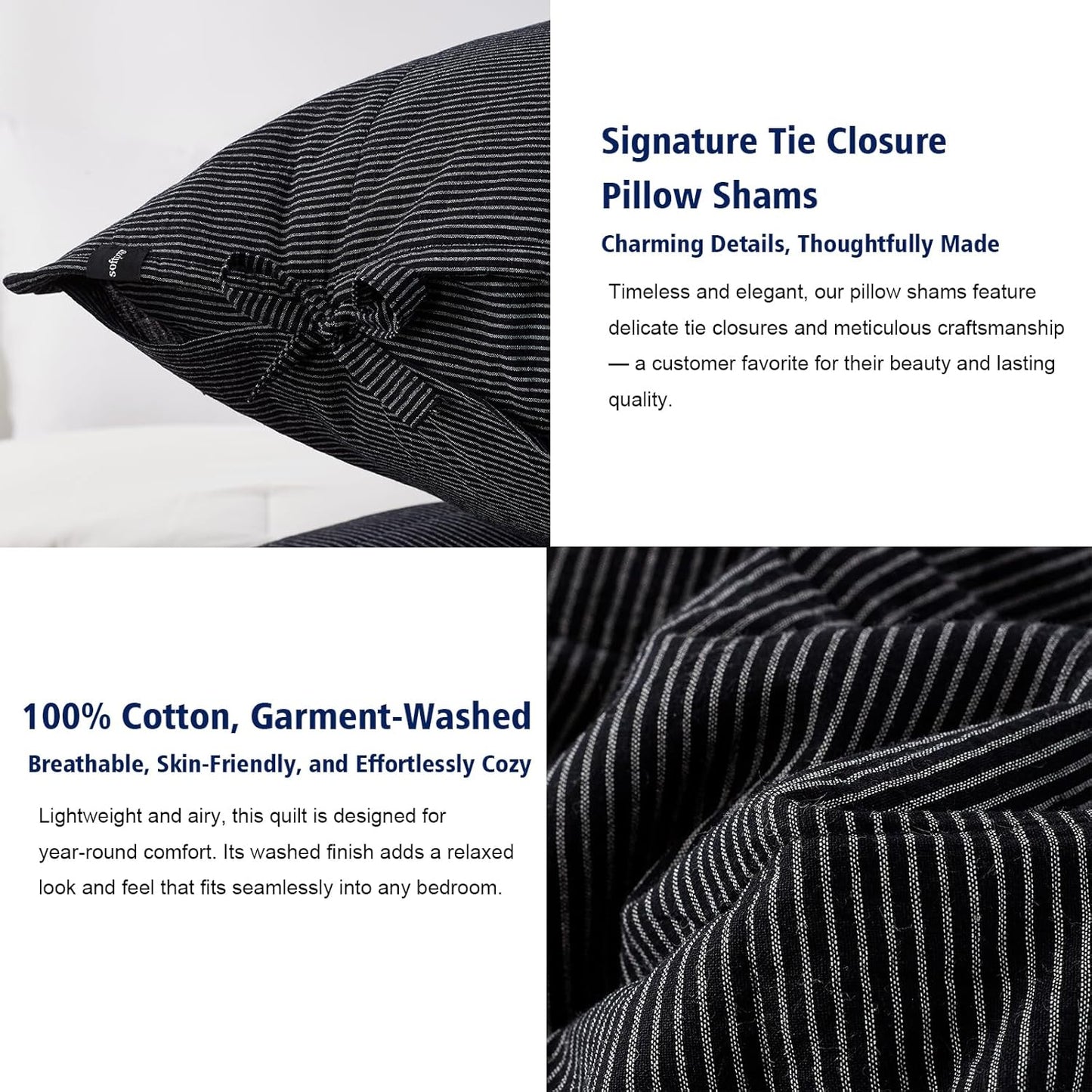 Midnight Pinstripe Quilts Queen Size, Cotton Queen Quilt Set Stone Washed with Black Stripe Bedding Coverlet Light Weight 3-Pieces with 2 Pillow Shams