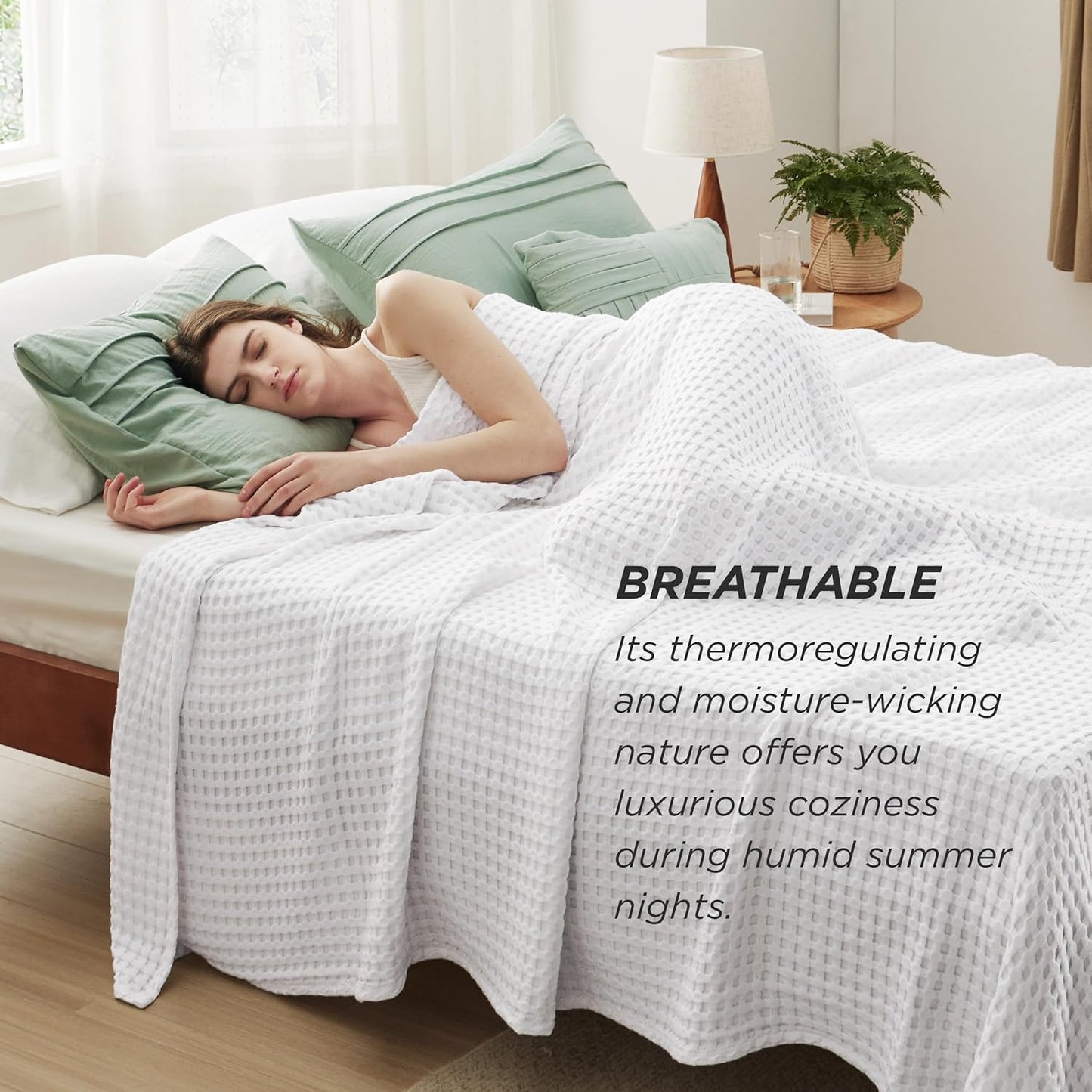 Bedsure Cooling Cotton Waffle Full Size Blanket - Lightweight Breathable Blanket of Rayon Derived from Bamboo for Hot Sleepers, Luxury Throws for Bed, Couch and Sofa, White, 80x90 Inches