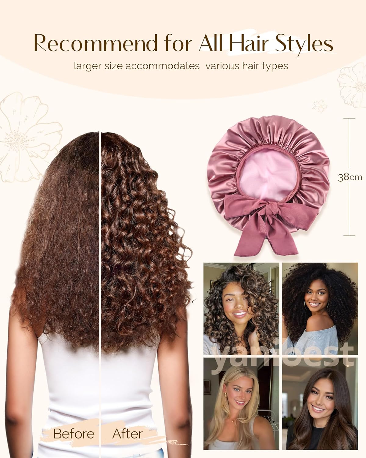 YANIBEST Silk Hair Bonnet for Sleeping, Double Layer Hair Bonnet with Elastic Tie Band for Curly Natural Hair Reduce frizz