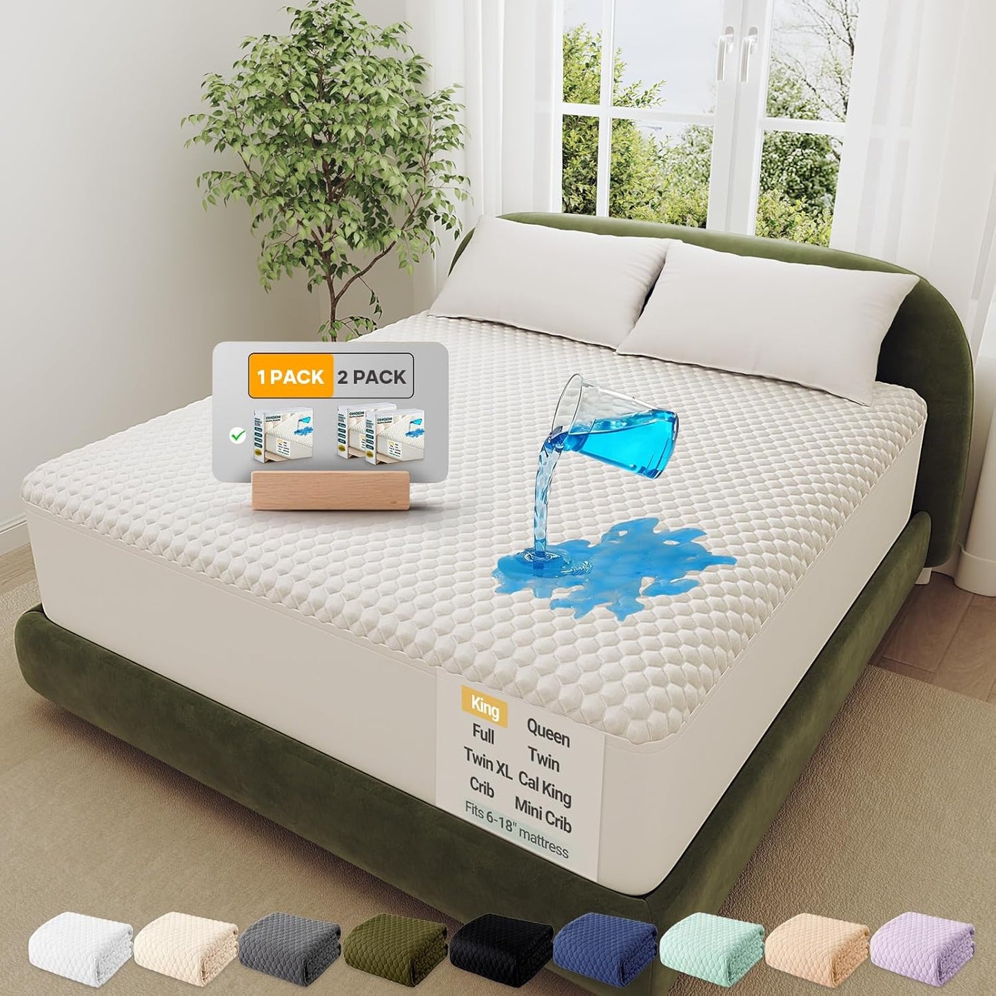 OhGeni 100% Waterproof Mattress Protector, King Size Mattress Pad, Fits 6"-20" Mattresses with Deep Pocket, Cooling, Breathable Fitted Sheets, Soft Bed Cover, Noiseless, Machine Washable