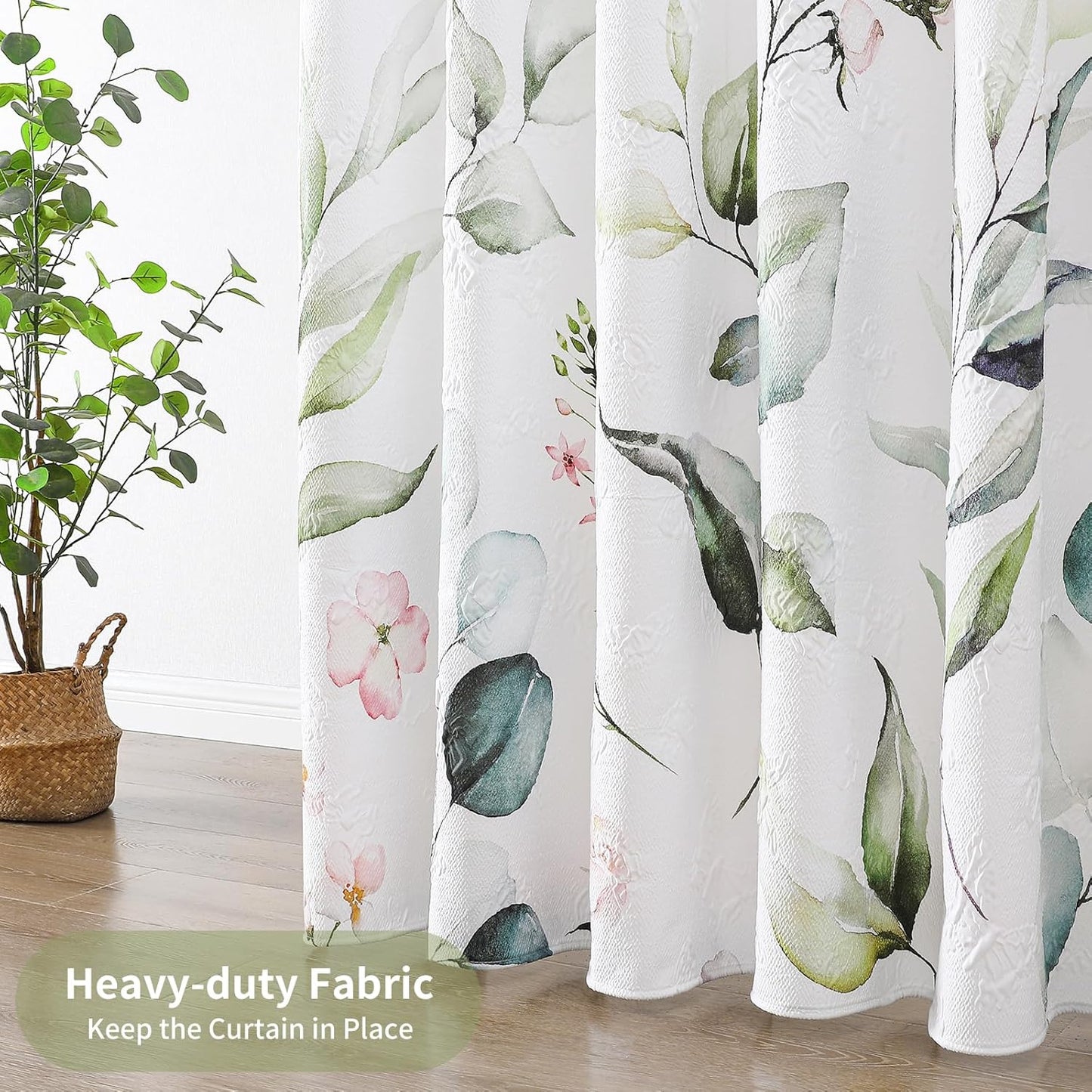 QIYI Watercolor Eucalyptus Shower Curtain, 3D Embossed Butterflies Floral Bathroom Curtain, Minimalist White Farmhouse Bath Curtain, Waterproof Fabric Green Leaves Shower Curtain Set with Hooks, 72x72
