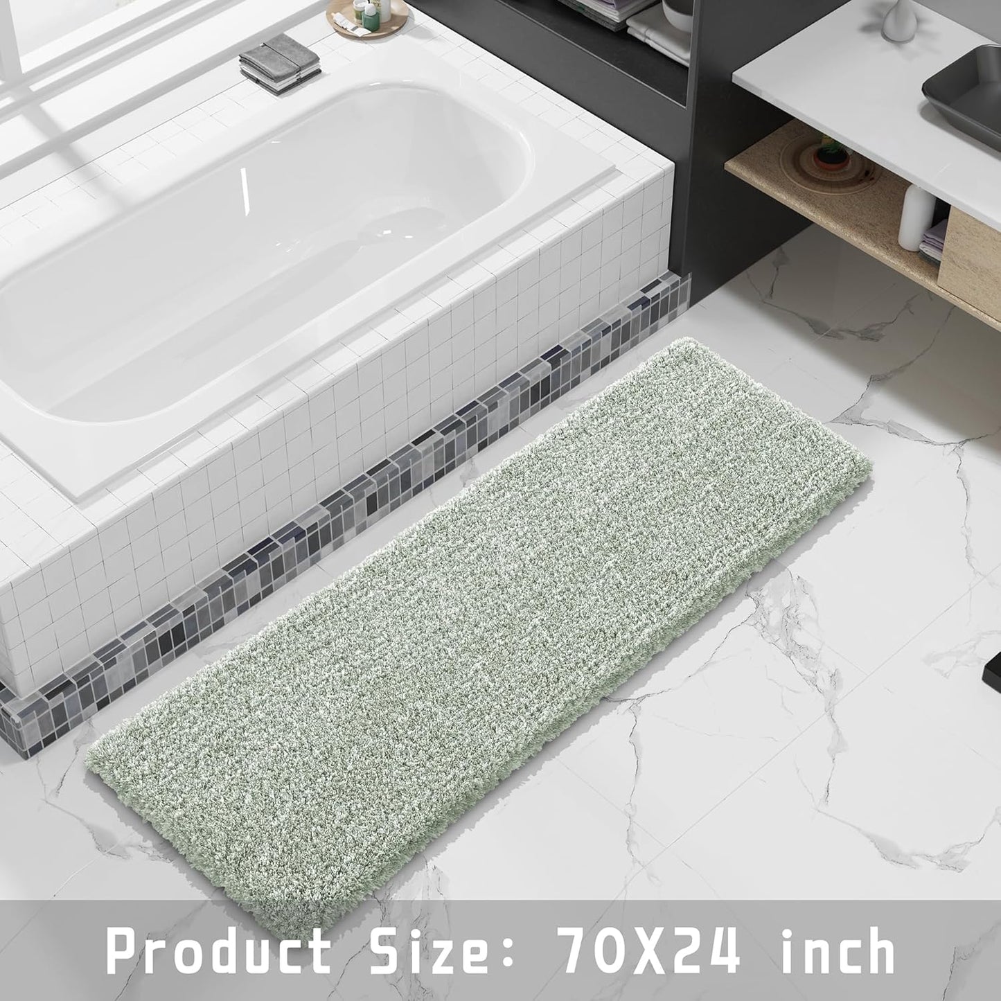 Yimobra Luxury Bathroom Rugs, Fluffy Bath Mats, Non Slip, Water Absorbent Microfiber, Machine Washable, Plush Runner Shower Rugs, Thick Matts for Bathroom Floor&Tub, 70"x 24", Light Green and White