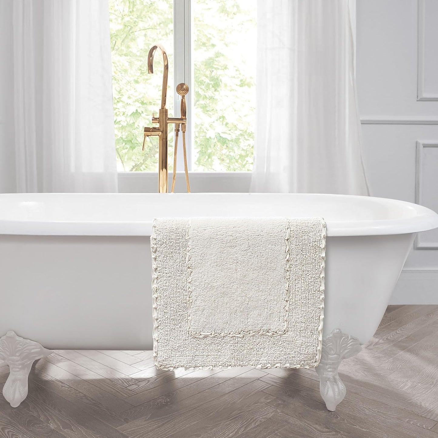 Laura Ashley Ruffle Border Ivory 17" x 24"/ 20" x 32" 100% Cotton Bath Rug Set