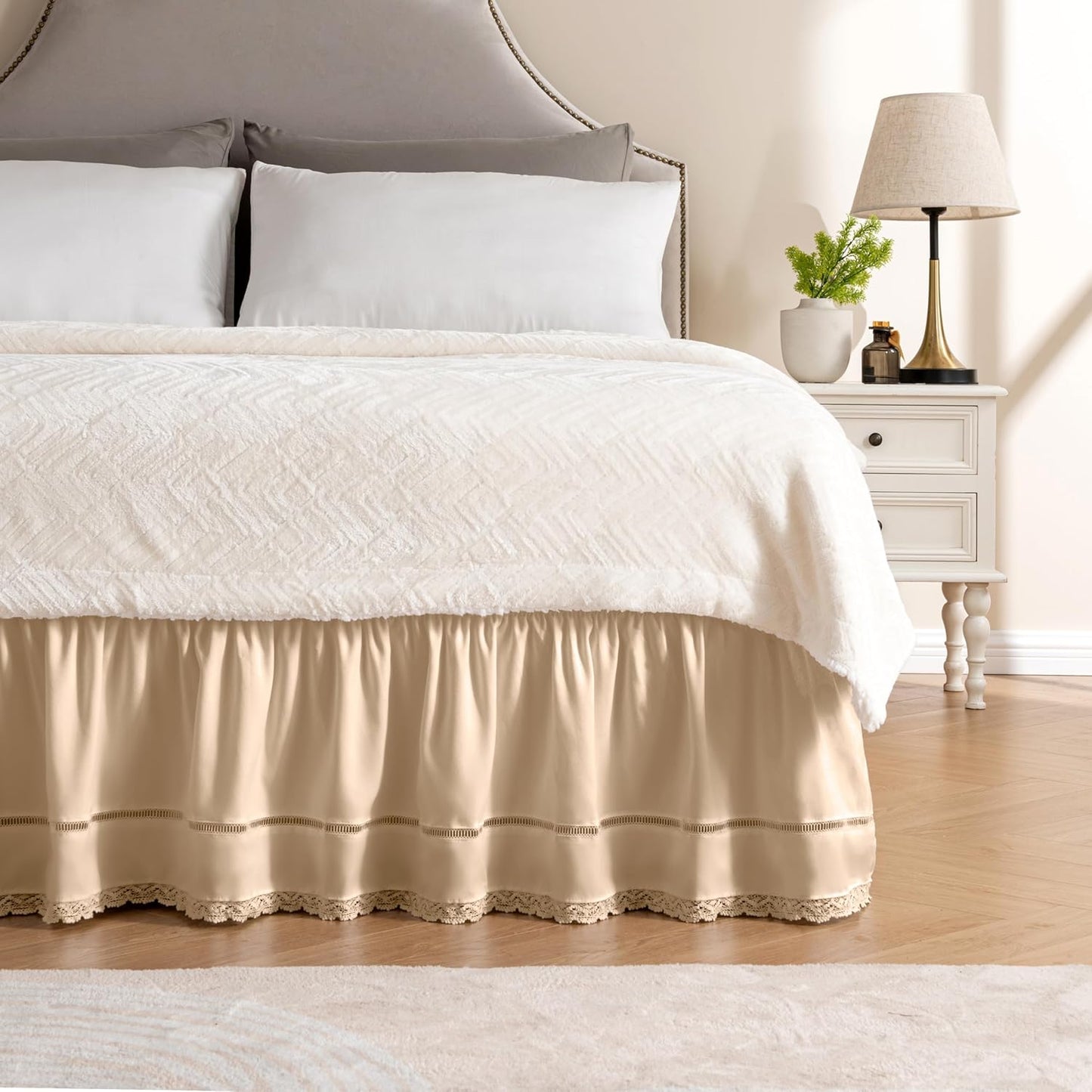 MIYE Wrap Around Ruffled Lace Bed Skirt, Elastic Dust Ruffle with Adjustable Belts, Easy to Put On, Bed Frame Cover, Machine Washable (Floral Lace/Beige, King/Queen-15 Drop)