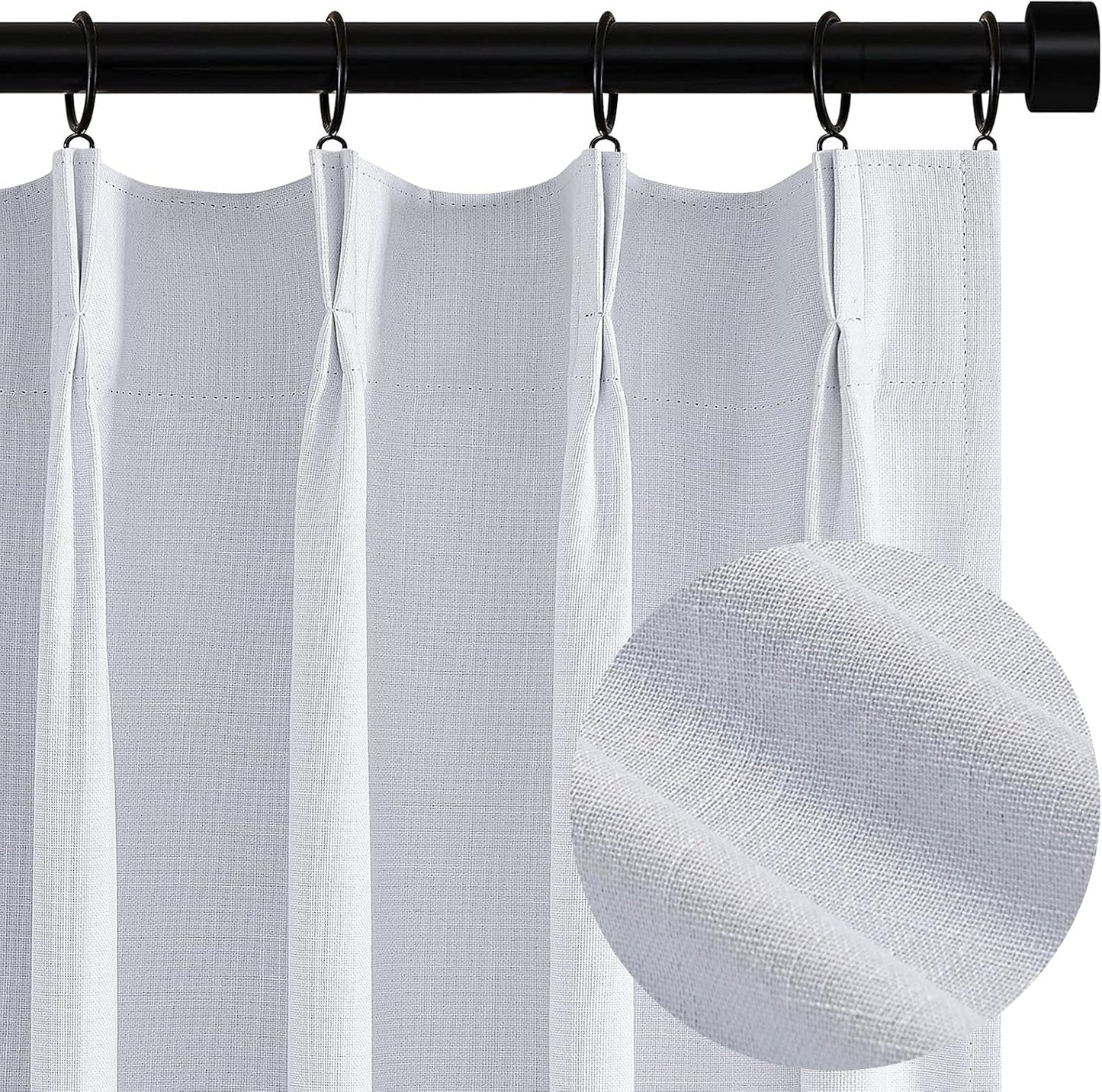 Topfinel White 100% Blackout Curtains 84 Inch Long 2 Panels Set, Pinch Pleat Flax Linen Room Darkening Sound Block Drapes with Hooks Rings for Track System Bedroom Living Room