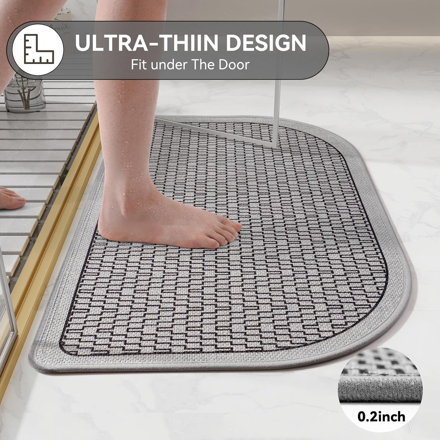 Bathroom Rugs Mat 24x35, Non Slip Ultra Thin Bath Mat Quick Dry Absorbent Washable Woven Half Round Bath Mats for Bathroom Floor Rubber Backed Fit Under Door Grey