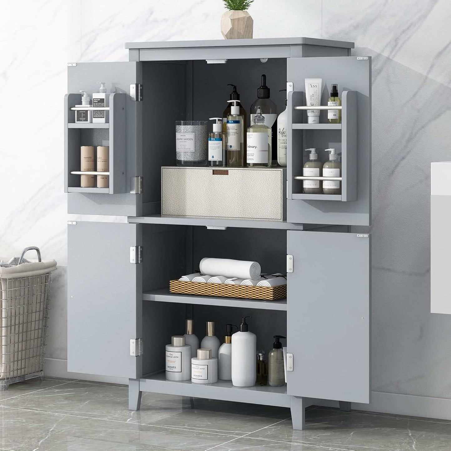 Freestanding Storage Cabinet with 4 Doors,Elegant Organizer Unit with Adjustable Shelves, Sturdy MDF Frame, Anti-Tipping Design, Large Capacity for Bathroom, Kitchen, Office, Home, Grey