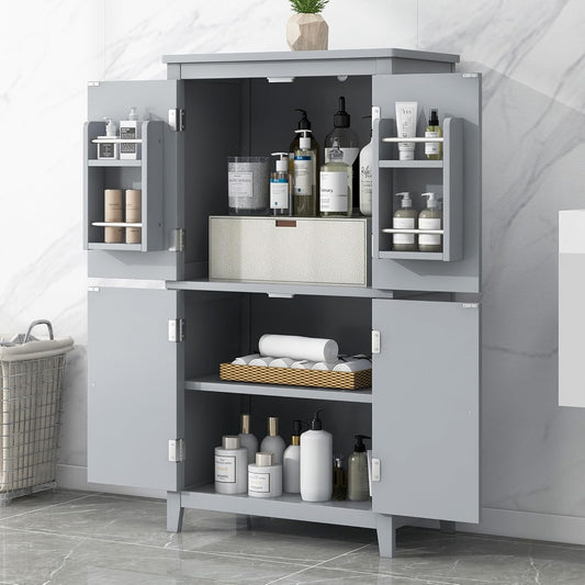 Freestanding Storage Cabinet with 4 Doors,Elegant Organizer Unit with Adjustable Shelves, Sturdy MDF Frame, Anti-Tipping Design, Large Capacity for Bathroom, Kitchen, Office, Home, Grey