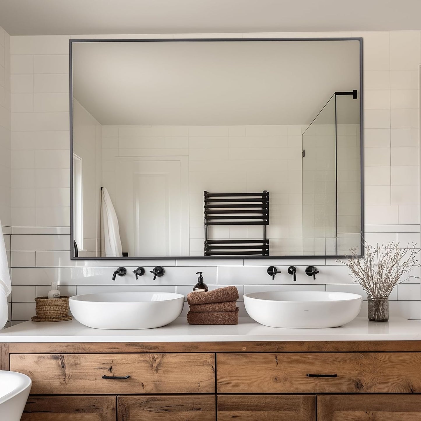 Antok Bathroom Mirror,48"x36" Wall Mirror, Decorative Mirrors Vanity Mirror Aluminum Alloy Frame Contemporary Hanging Mirror for Living Room Bathroom Entryway,Black,Round Corner