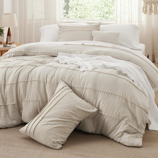 Bedsure Full Comforter Set - 4 Pieces Pinch Pleat Bed Set, Beige Boho Bedding for All Season, 1 Soft Comforter, 2 Pillowcases, 1 Decorative Pillow