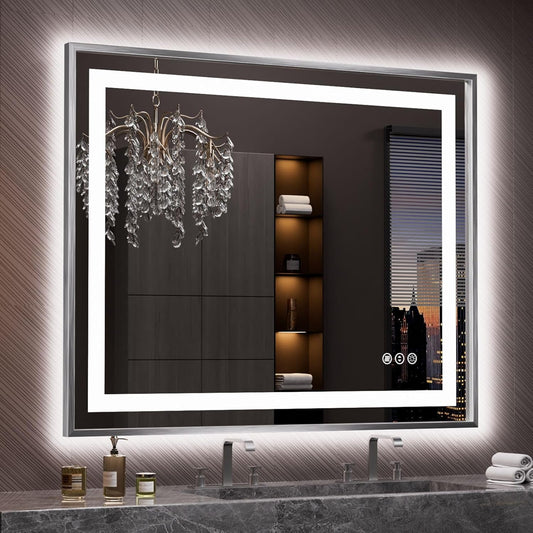 Amorho 44" X36" LED Bathroom Mirror, Brushed Nickel Framed Mirror with Front Light and Backlit, Stepless Dimmable, Anti-Fog, Shatter-Proof, Memory, 3 Colors