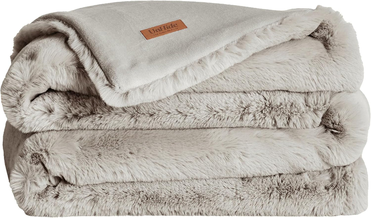 UnHide Marshmallow - Faux Fur Blanket - Heavy Weight, Extra Soft Blanket - Made from Recycled Materials - Machine Washable - Medium (60" x 80") - Greige