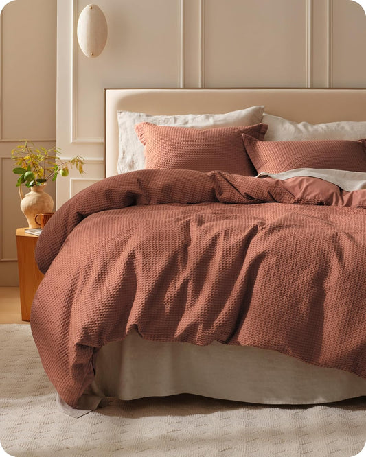 Bedsure Cotton Duvet Cover Queen - 100% Cotton Waffle Weave Burnt Orange Duvet Cover Queen Size, GentleSoft™ and Breathable Bedding Set for All Season, 3 Pieces, 90"x90"