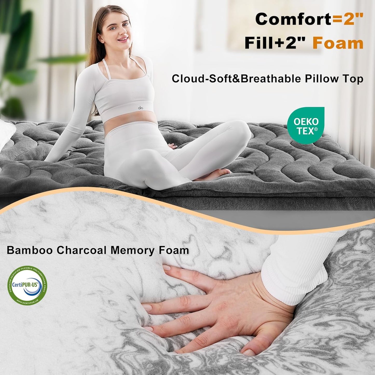 Dual Layer 4 Inch Bamboo Memory Foam Mattress Topper Twin XL Size, 2 Inch Thick Soft Quilted Pillow Top Cover Plus 2 Inch Charcoal Gel Memory Foam Mattress Pad for Back Pain Relief