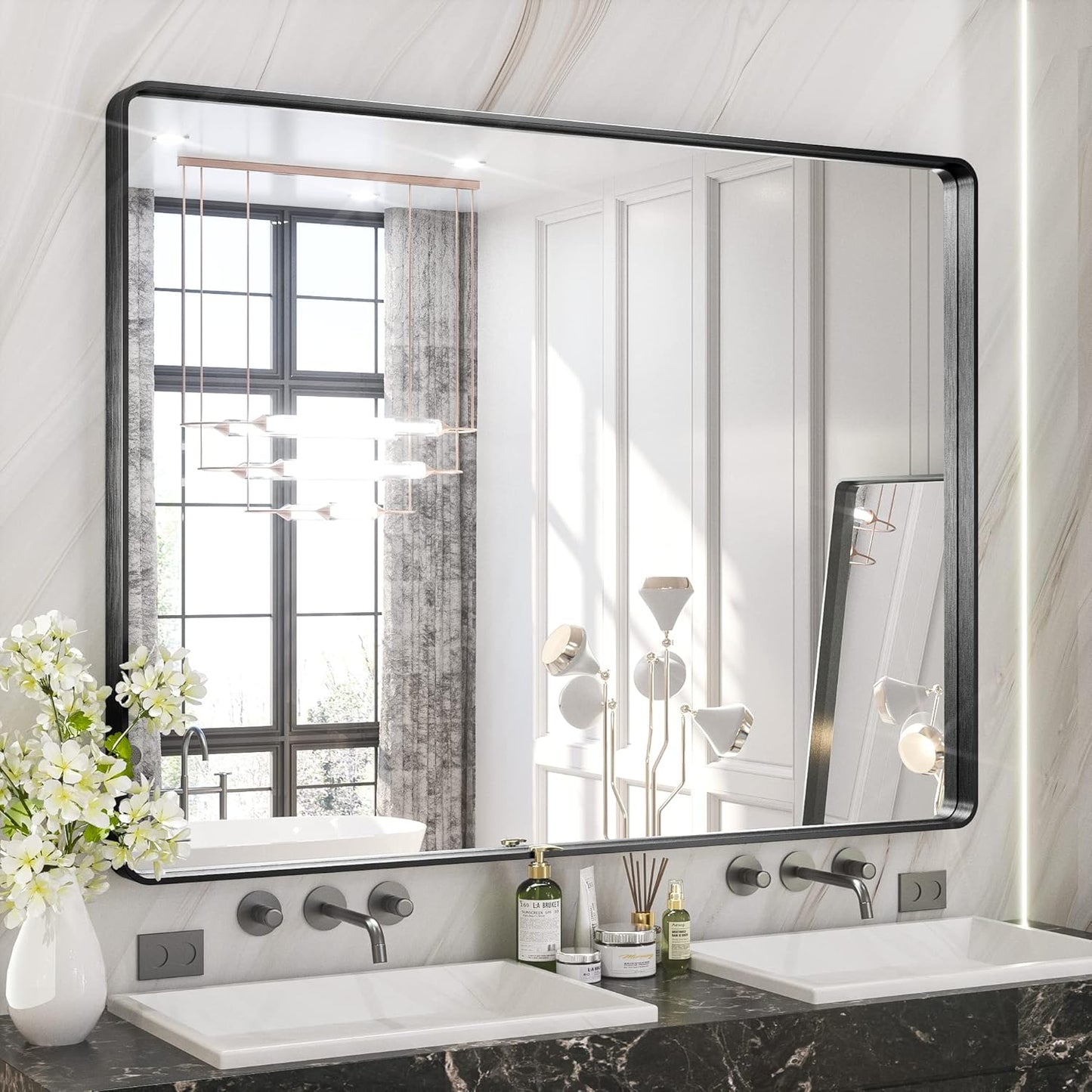 TETOTE 48 x 36 Inch Mirrors for Bathroom, Matte Black Framed Rectangular Large Modern Farmhouse Vanity Mirror for Wall Decor (Horizontal/Vertical)
