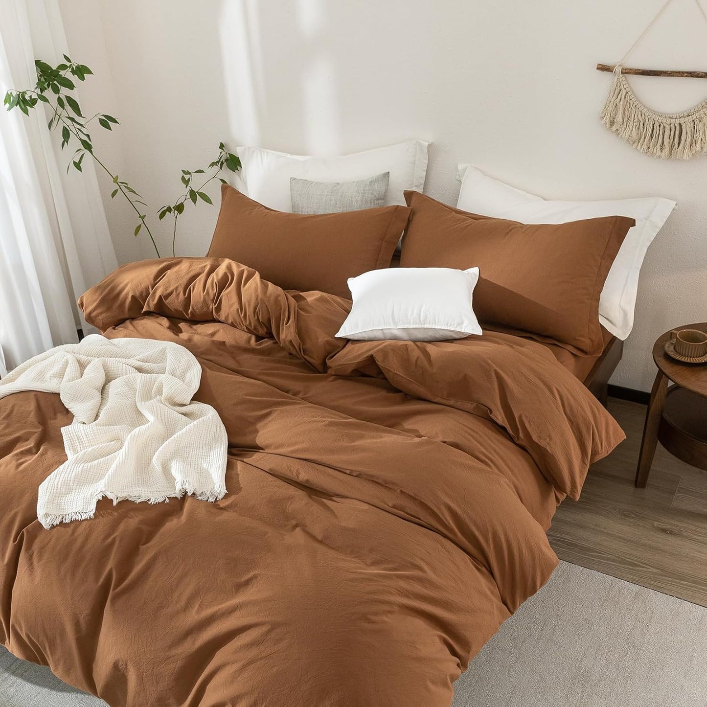 100% Washed Cotton Dark Orange Duvet Cover Super Queen Size Bedding Set Cover 1 Duvet Cover with Zipper Closure and 2 Pillowcases, 98inch x 90inch