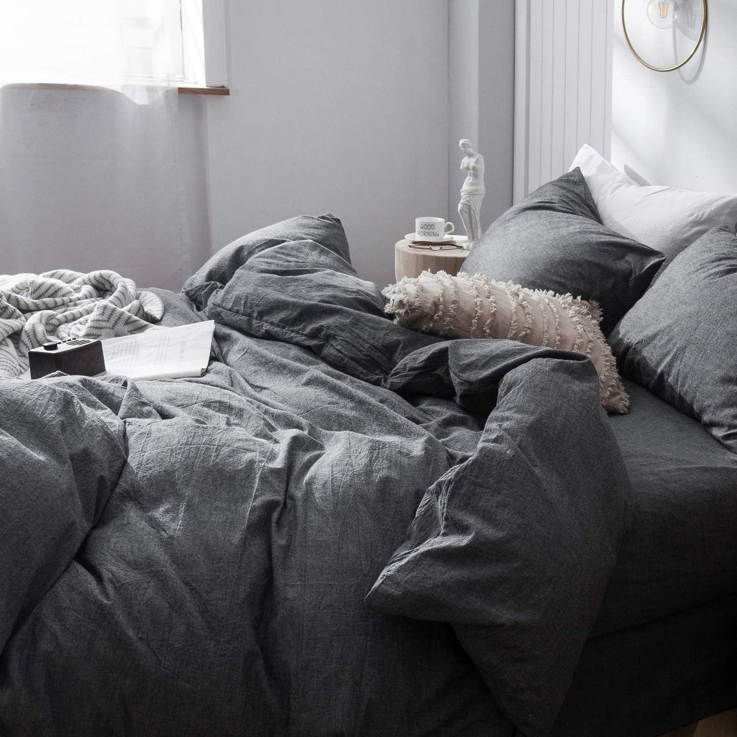 MooMee Bedding Duvet Cover Set 100% Washed Cotton Linen Like Textured Breathable Durable Soft Comfy (Heathered Dark Grey, Cal King 104"x98")