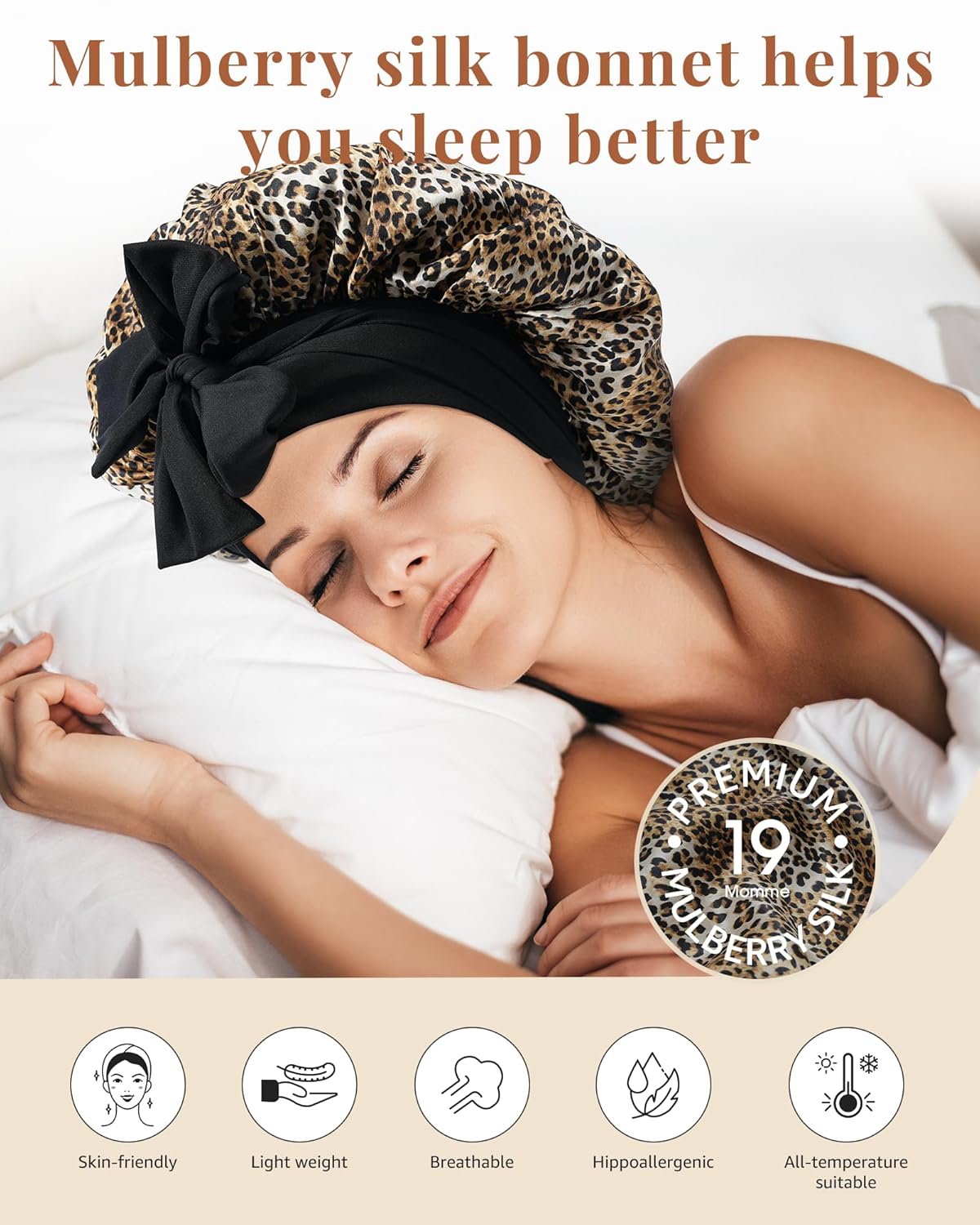 AWAYTR Silk Bonnet for Sleeping Women 100% Mulberry Silk Bonnet with Band 2 Layer Reversible Hair Bonnet Sleeping Hair Wrap (Leopard/Black)