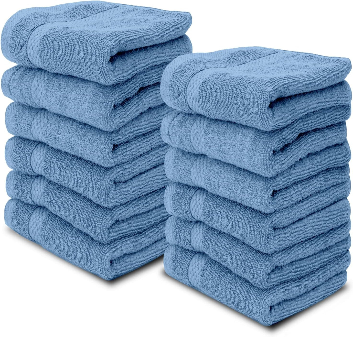 White Classic Luxury Cotton Washcloths 13x13 Inch - 650 GSM Turkish Cotton | Hotel, Spa, Bathroom Face Towel | 12 Pack, Light Blue