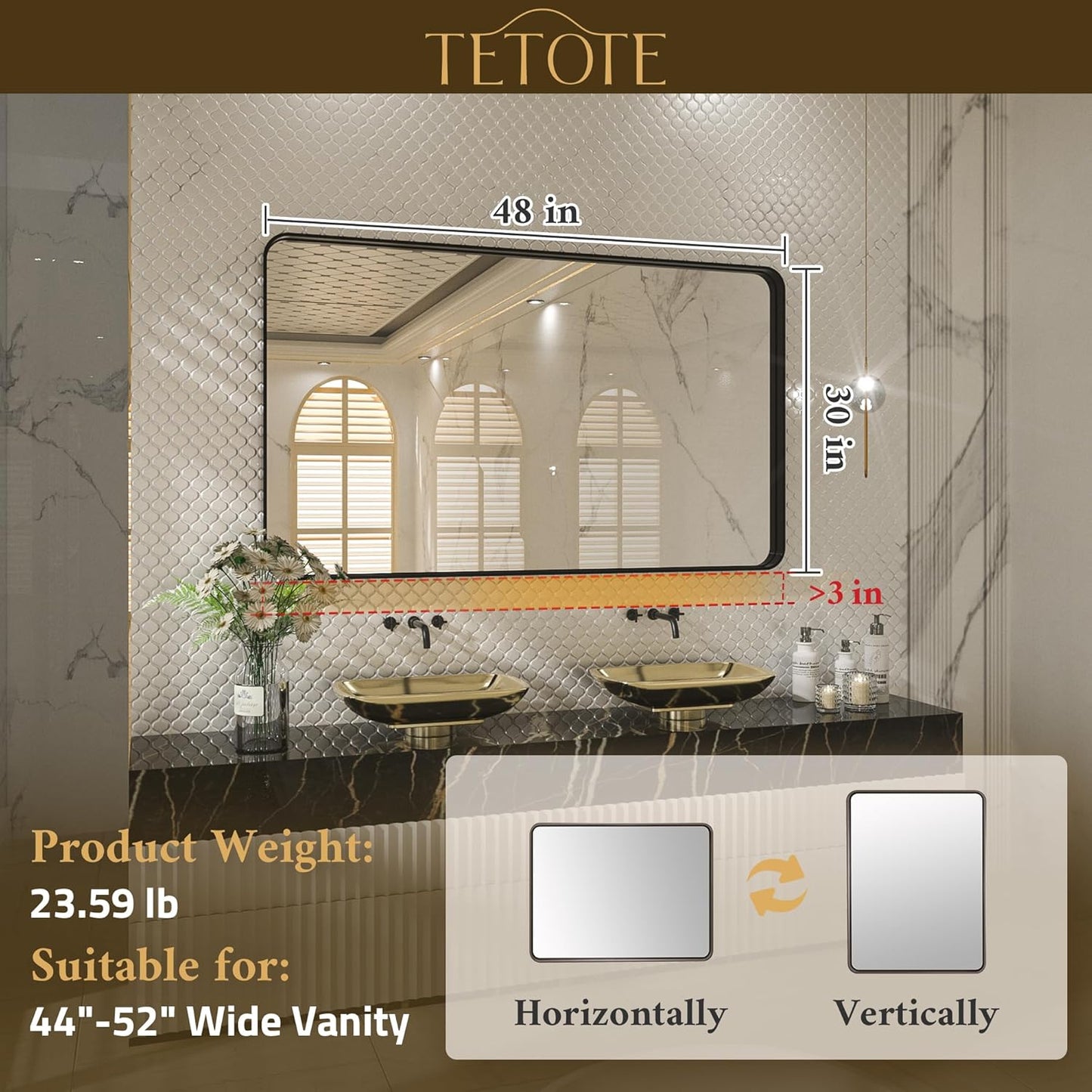 TETOTE 48 x 30 Inch Bathroom Mirror, Matte Black Modern Metal Frame Rectangle Wall Mounted Vanity Mirror (Horizontal/Vertical)