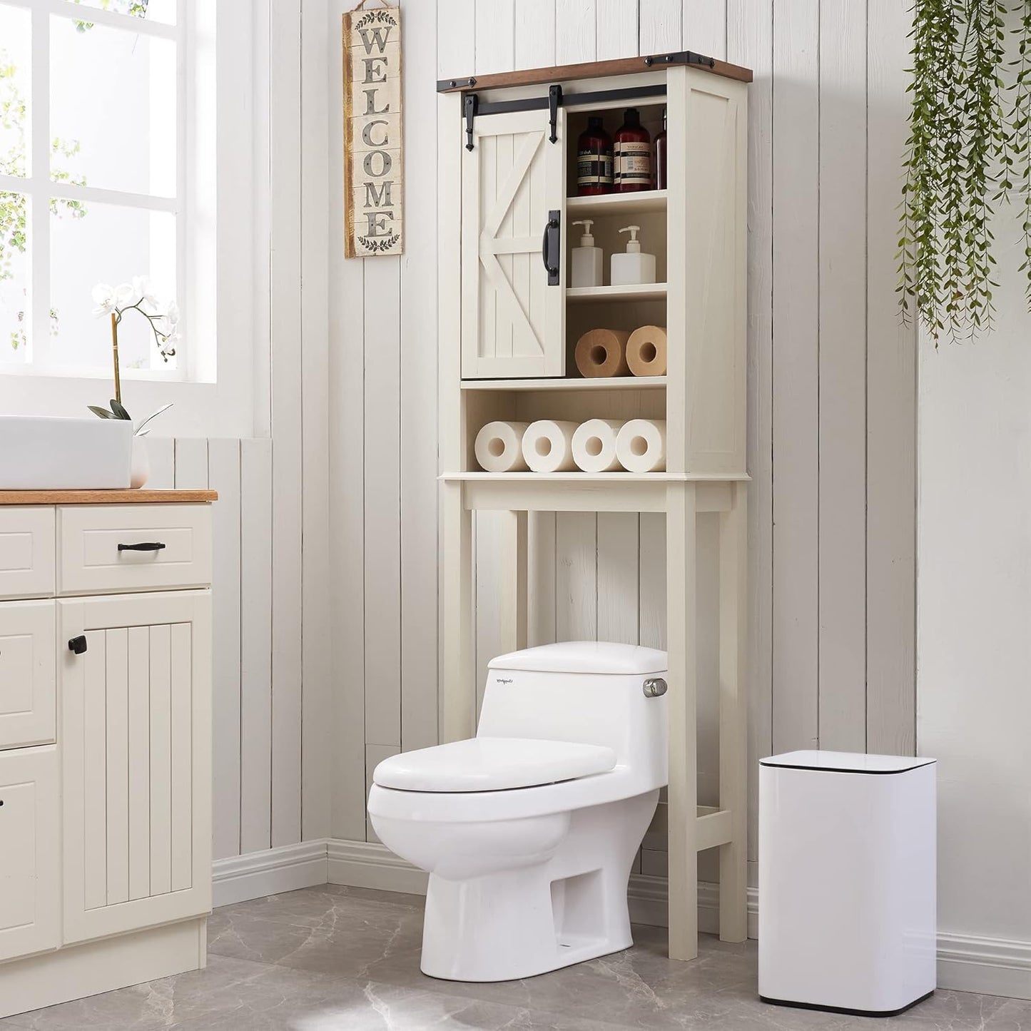 RedLemon Farmhouse Over The Toilet Storage Cabinet Set of 2, 68" Tall with Sliding Barn Doors & Adjustable Shelves, Rustic Above Toilet Storage Cabinet, Antique White